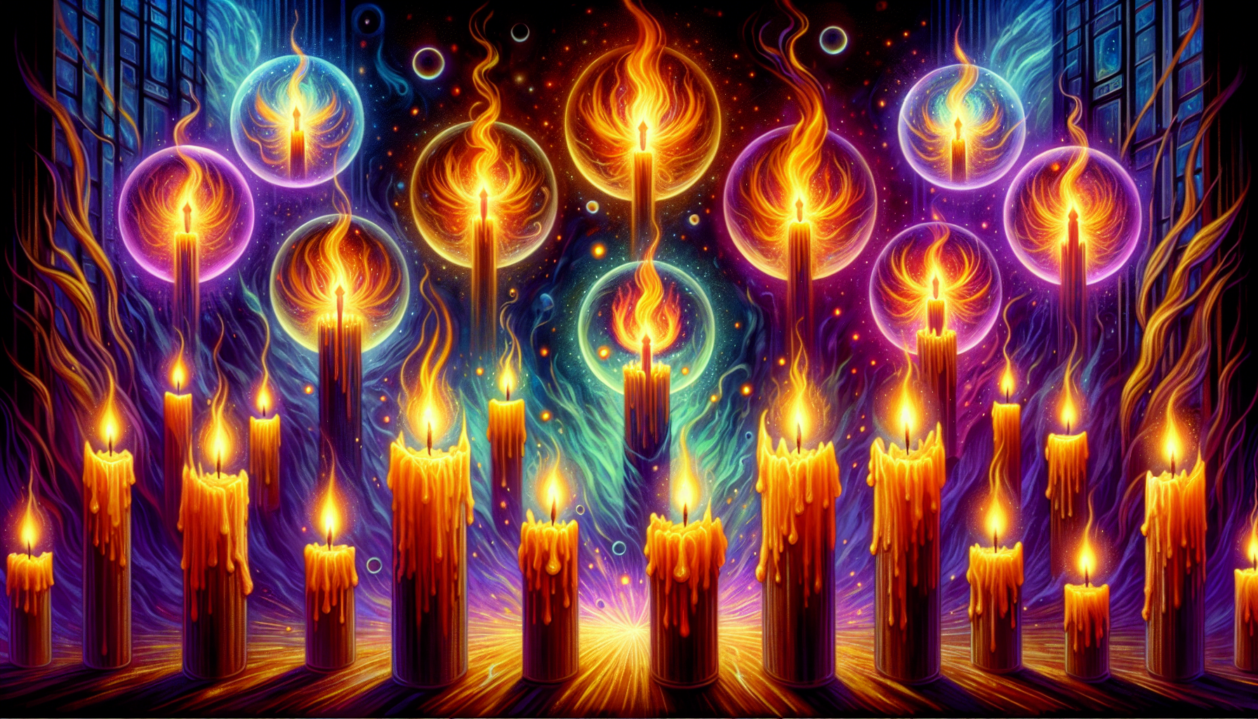 Vibrant digital artwork depicting multiple candles with flames transforming into fantastical, colorful phoenix birds against a dark, patterned background.