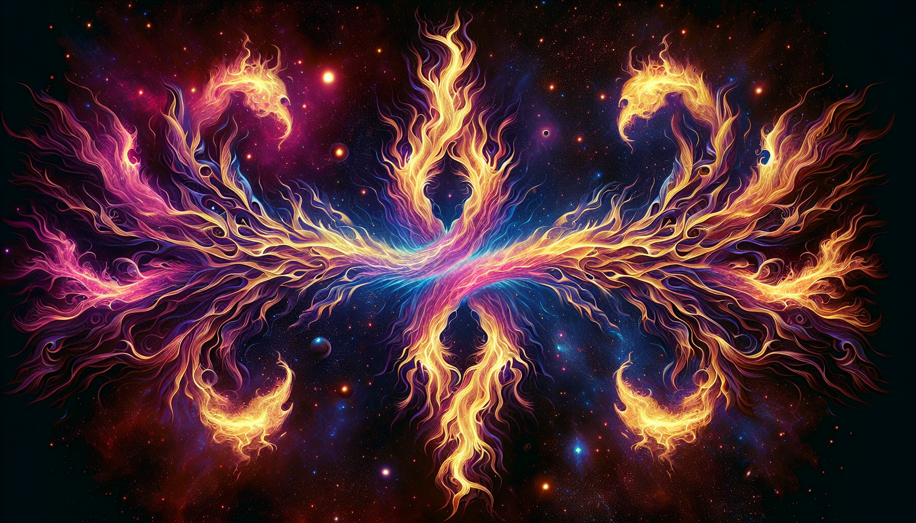 Colorful digital artwork depicting an abstract cosmic scene with swirling fiery patterns and stars, resembling a symmetrical celestial entity.