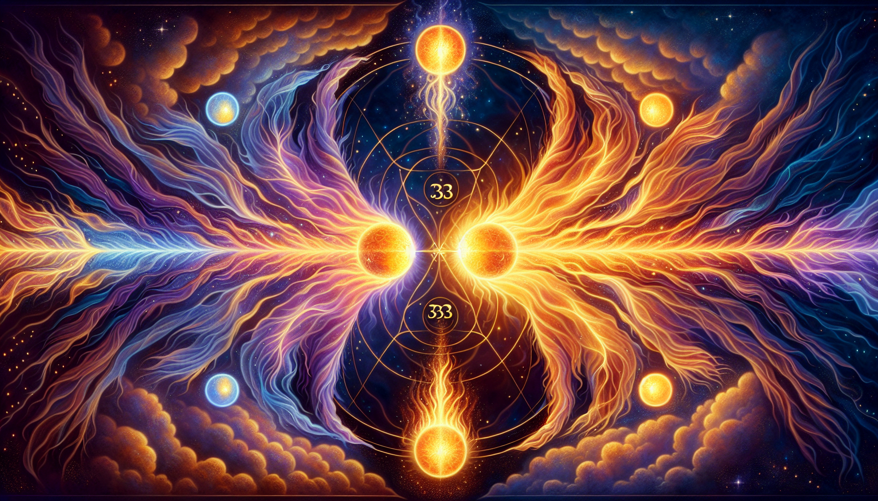 Vivid cosmic artwork depicting an interplay of colorful energy and light with central geometric patterns and numbers, evoking a sense of mystical or spiritual symbolism.