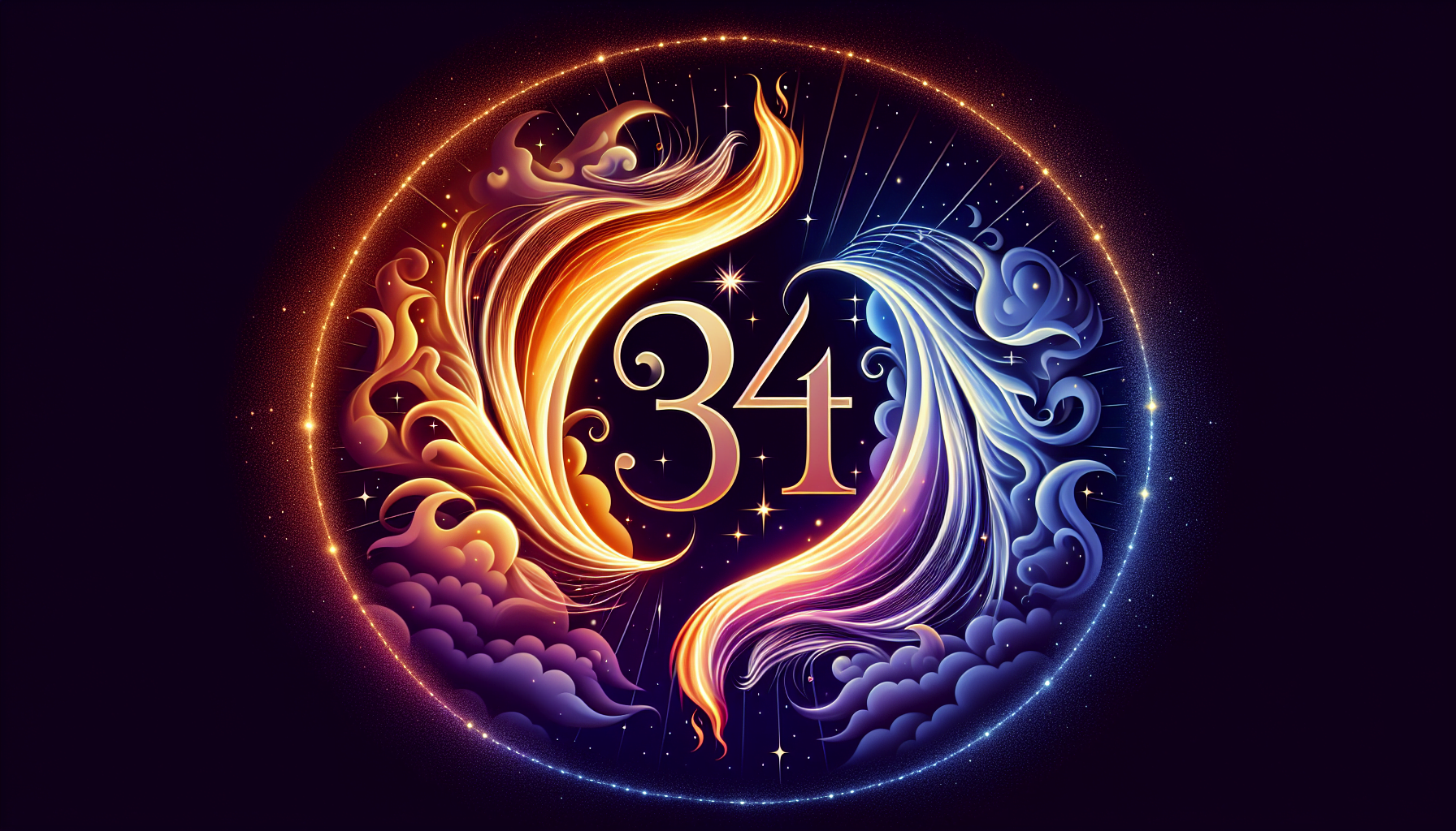 A vividly colored graphic with the number 34 stylized with fiery orange and cool blue swirls against a dark background, surrounded by a circular ornate frame with star accents.