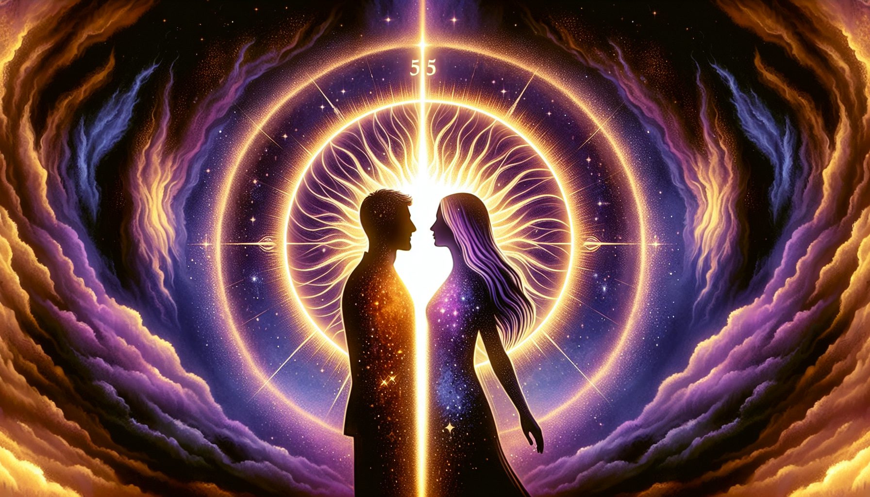 Silhouettes of a man and woman against a cosmic background with a glowing heart and number 55 above them.