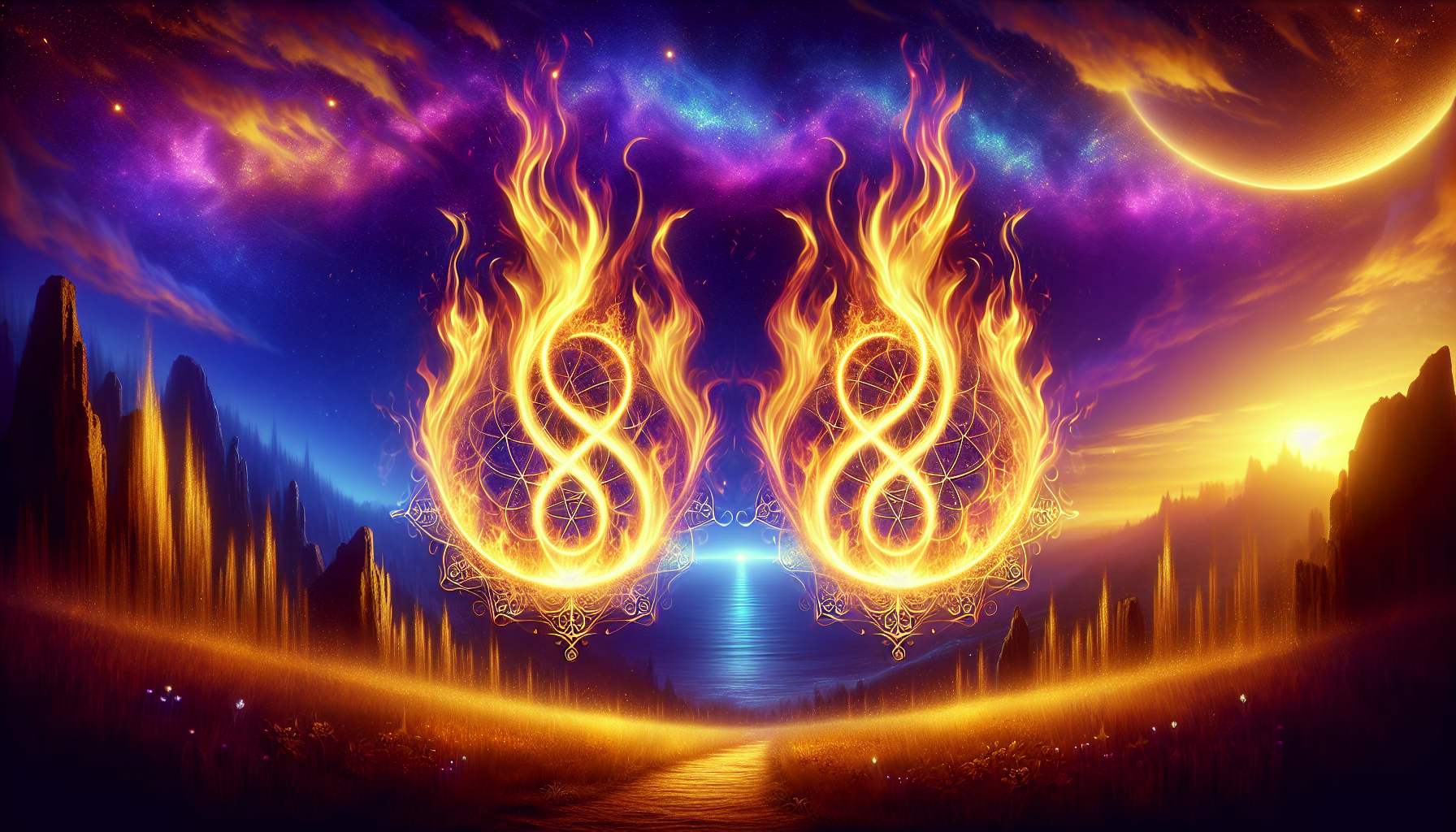 A vibrant fantasy landscape at dusk with twin fiery symbols resembling the number 8, set against a cosmic sky with stars and a crescent moon.