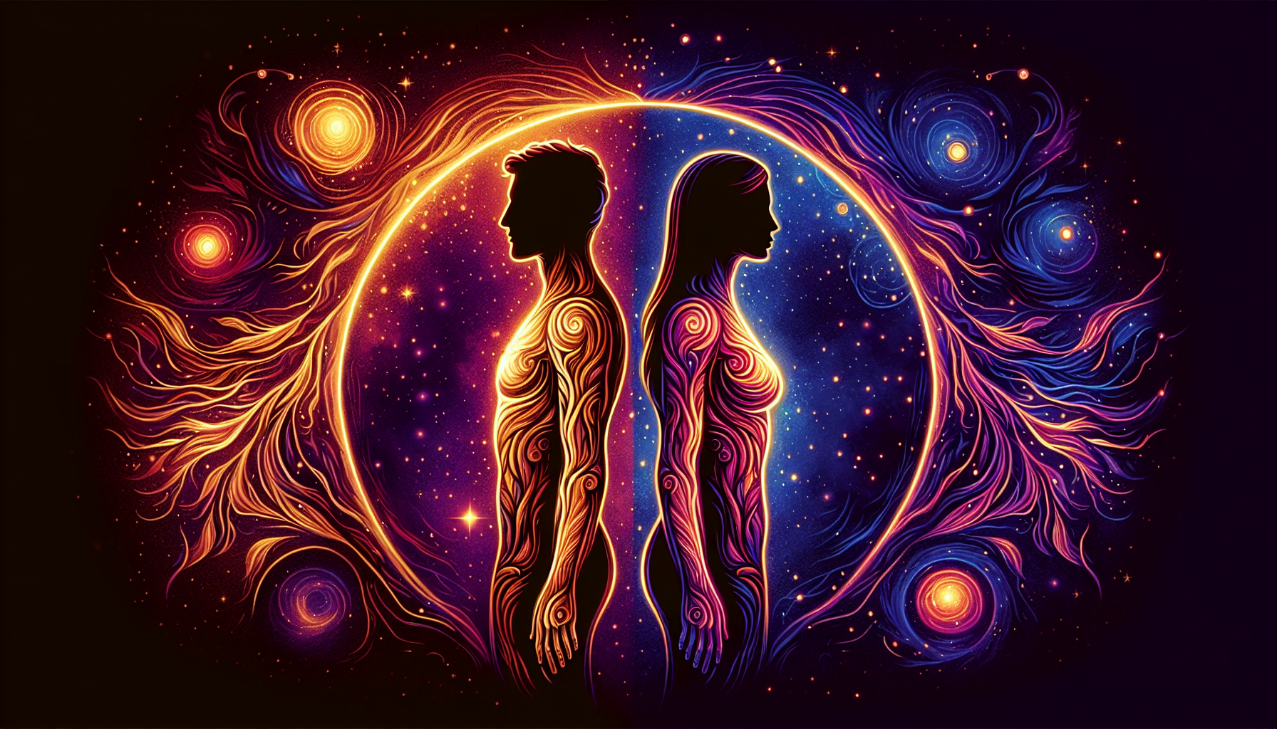 A vibrant illustration of a man and woman's silhouette with patterns resembling galaxies, set against a cosmic background with swirling stars and planets.