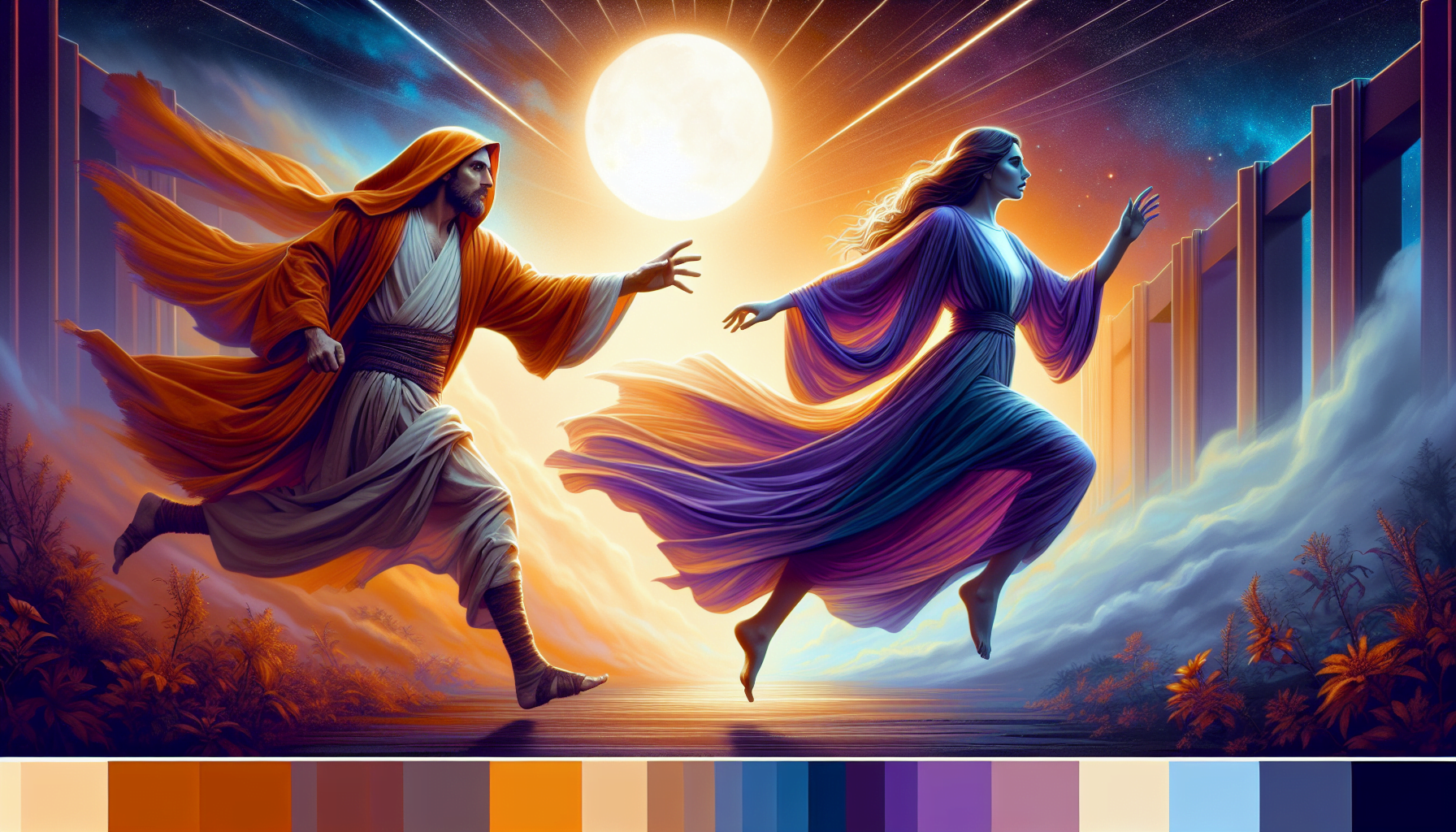 Digital artwork of two robed figures with flowing garments levitating towards each other under a large moon with a vibrant, colorful sky and futuristic cityscape in the background.