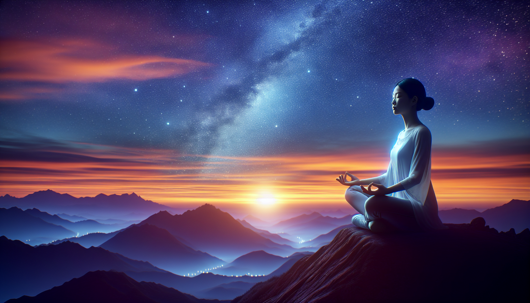 A person meditating on a mountain peak at sunset with a starry sky and the Milky Way in the background.