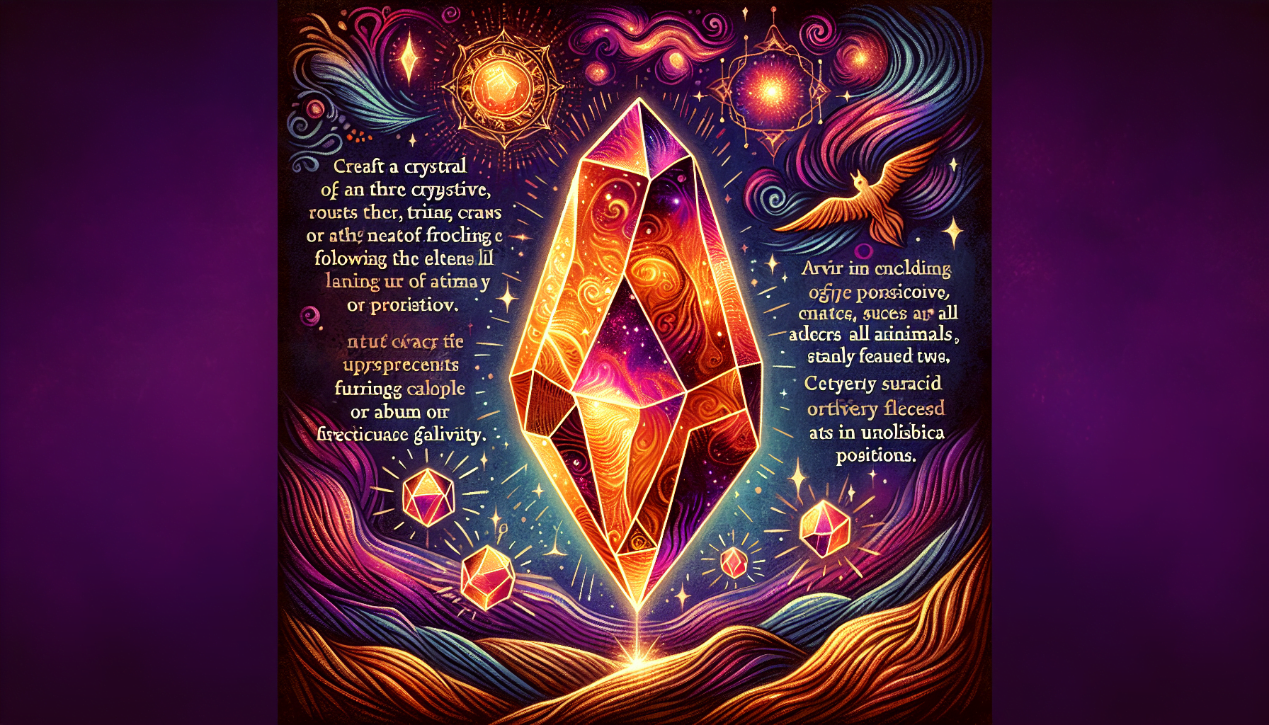 The image is a vibrant, colorful illustration featuring a large, glowing crystal at the center with swirling energy and mystical symbols surrounding it, set against a dark purple background with stars.