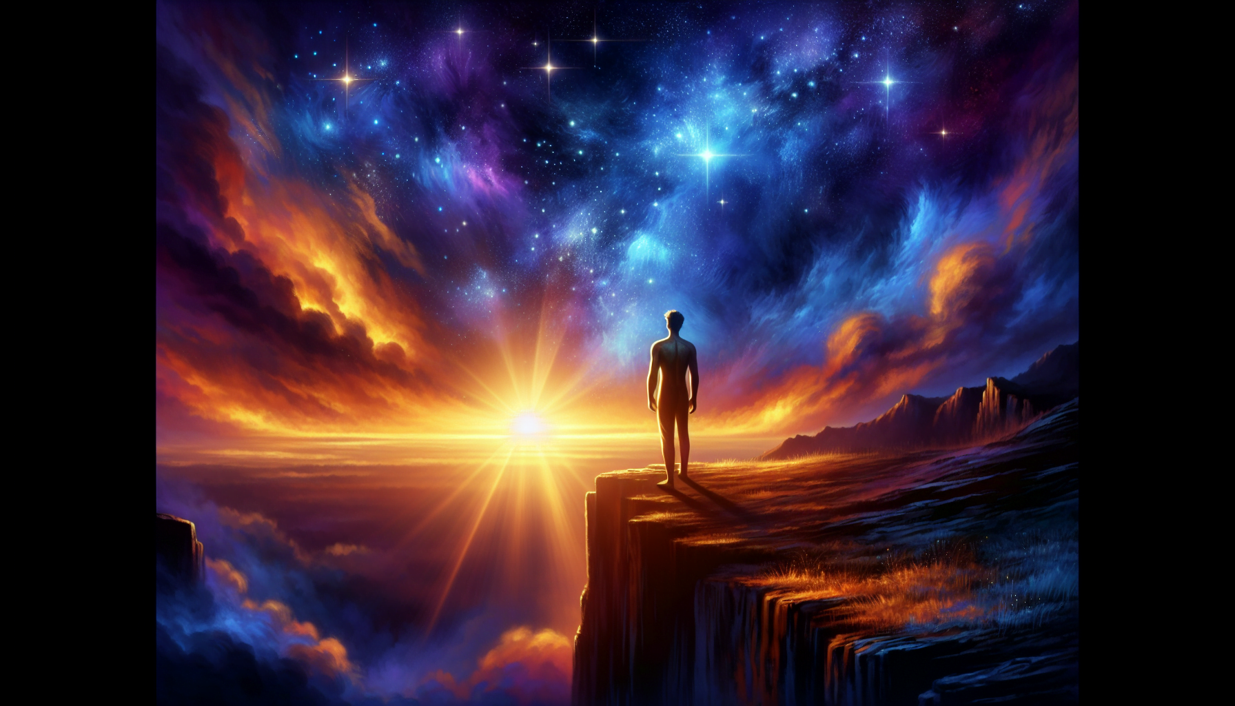 A silhouette of a person standing on a cliff at sunrise or sunset with a vibrant, starry sky in the background.