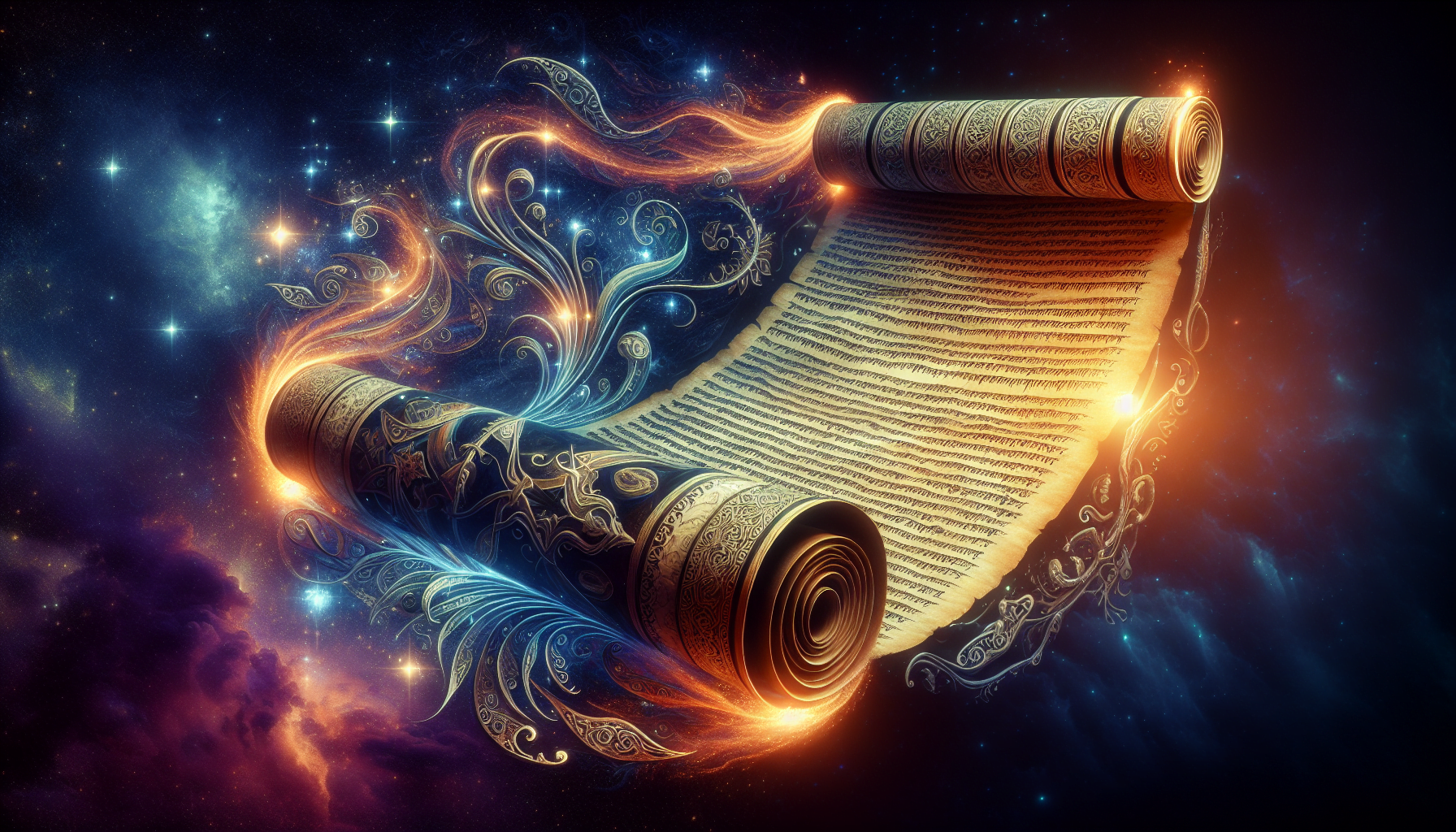 An ornate, glowing scroll with intricate designs unfurling against a cosmic starry background.