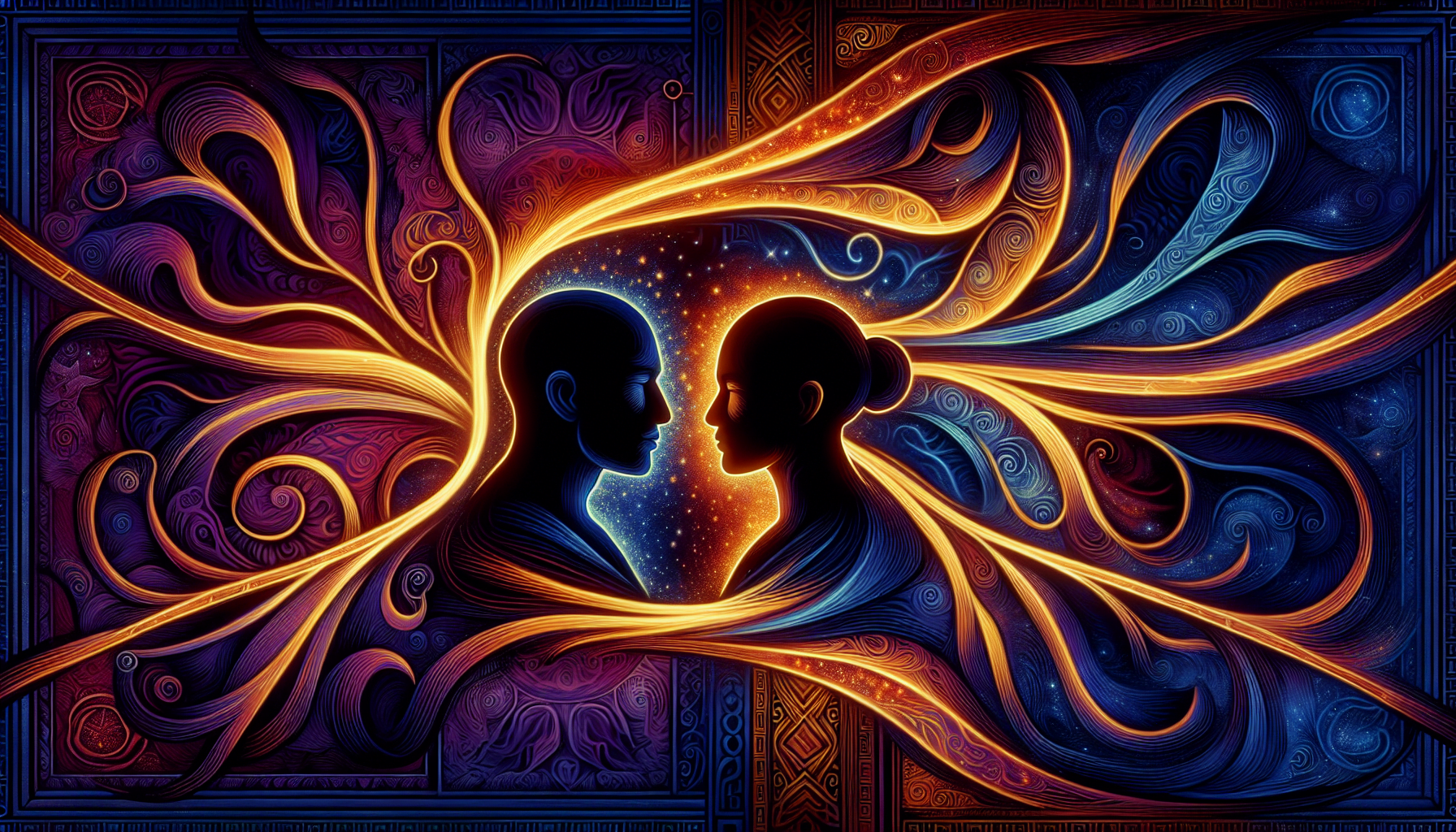 The image depicts a colorful, psychedelic illustration of two silhouetted profiles facing each other with a cosmic, star-filled space between them, surrounded by intricate, swirling patterns and vivid colors.