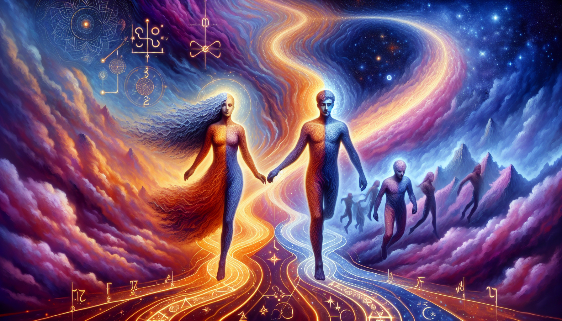 A vibrant, surreal painting depicting two humanoid figures with cosmic features holding hands and walking on a path that extends into a celestial landscape with a swirling galaxy above, accompanied by a smaller figure and surrounded by mystical symbols.