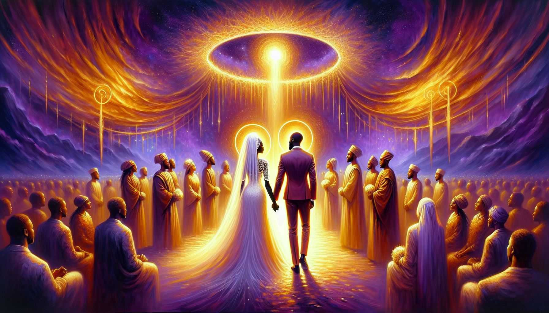 A digital artwork depicting a couple walking towards a glowing, celestial portal, surrounded by a crowd of people in a surreal, purple-hued landscape.