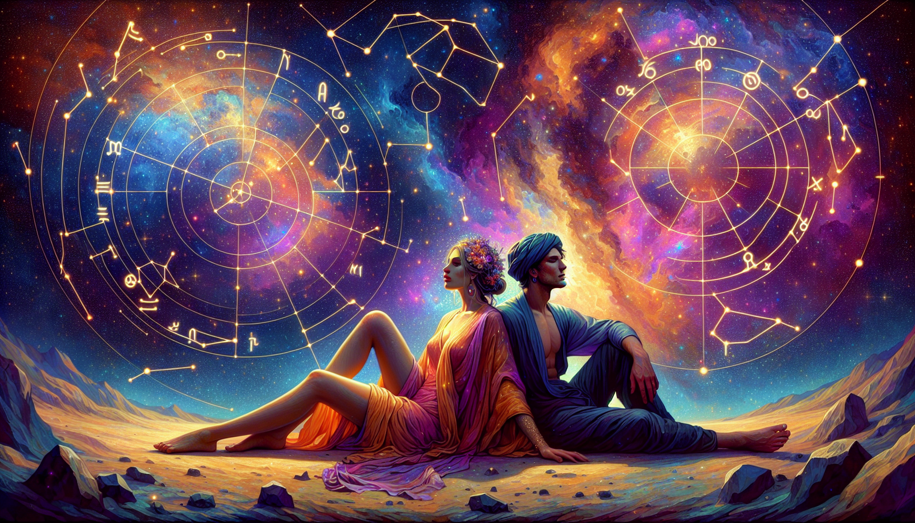 A digital artwork depicting two people sitting back-to-back with a vibrant cosmic background featuring zodiac signs and celestial elements.