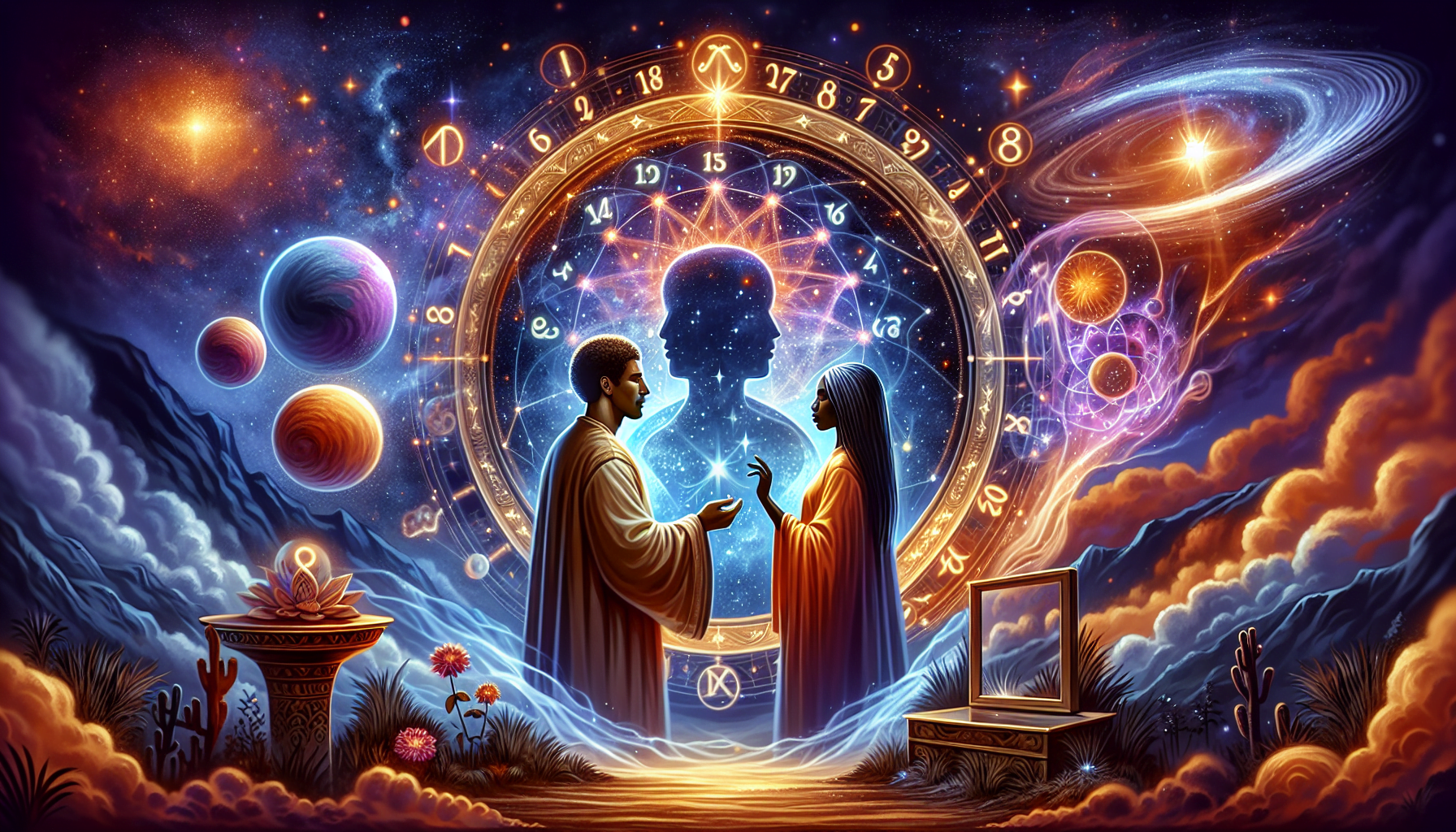 Digital artwork of two silhouetted figures facing each other with cosmic and astrological elements surrounding them, including planets, a galaxy, a zodiac wheel, and a glowing head profile.