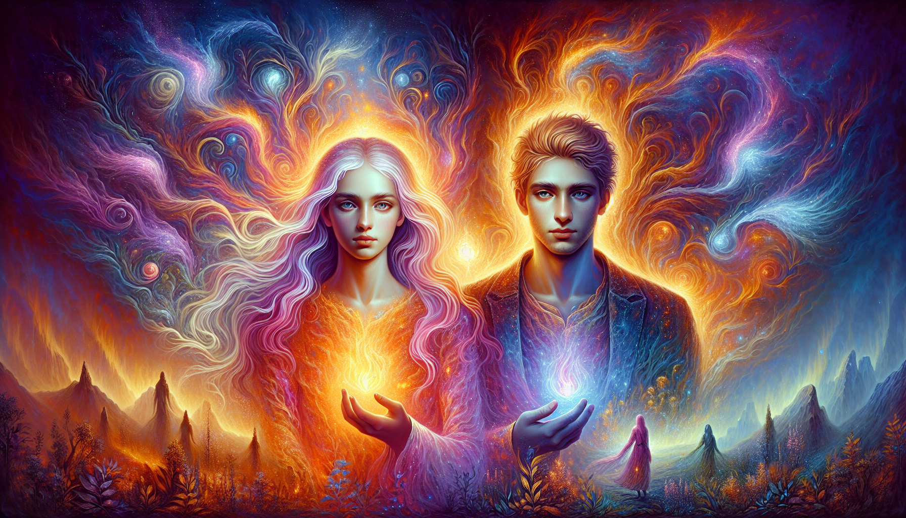 Vividly colored fantasy artwork depicting a male and female figure with ethereal features, holding glowing orbs, against a swirling cosmic backdrop with a mountain landscape.