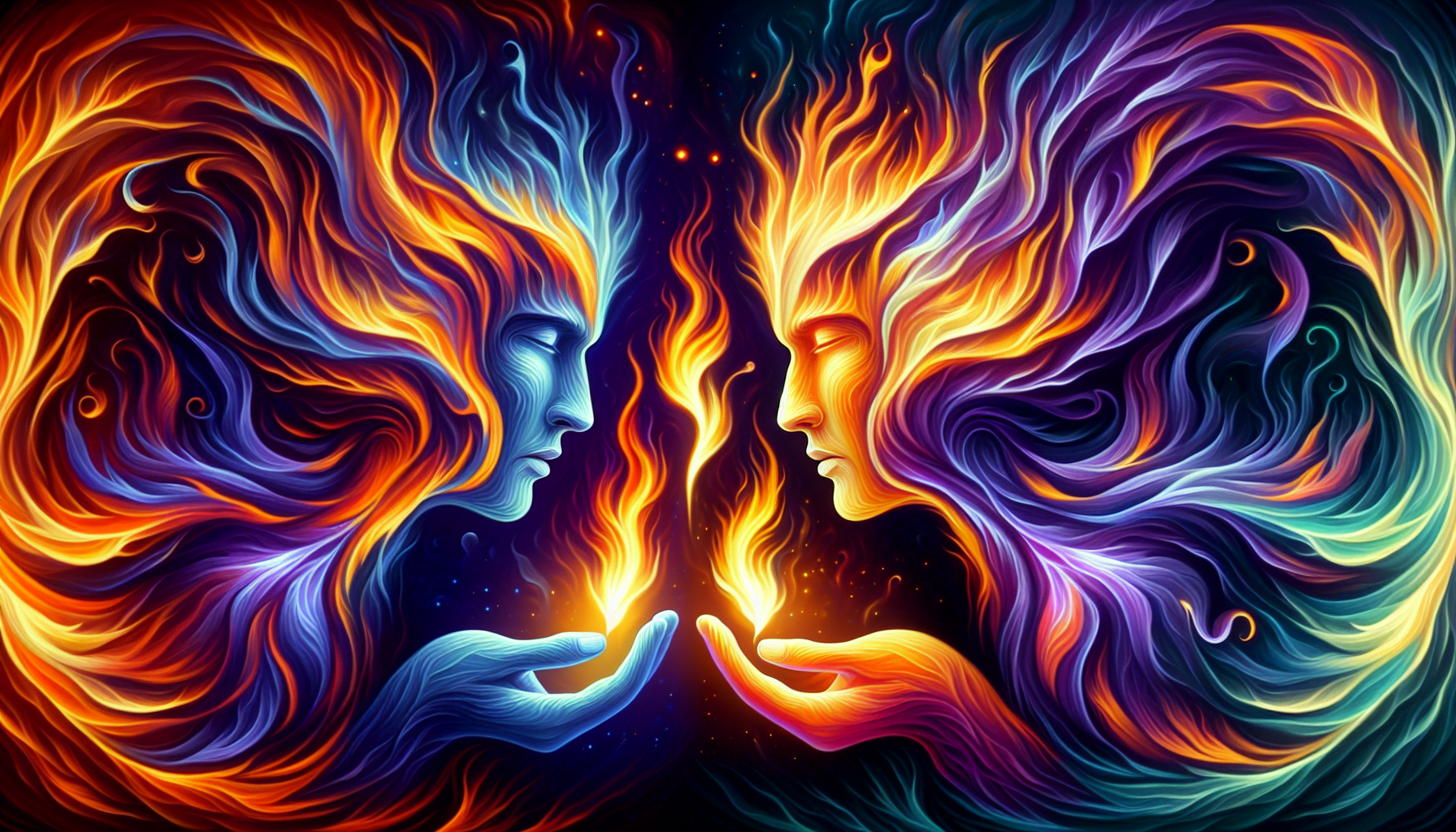 Digital artwork of two symmetrical faces with fiery hair, their fingers almost touching, against a starry background.