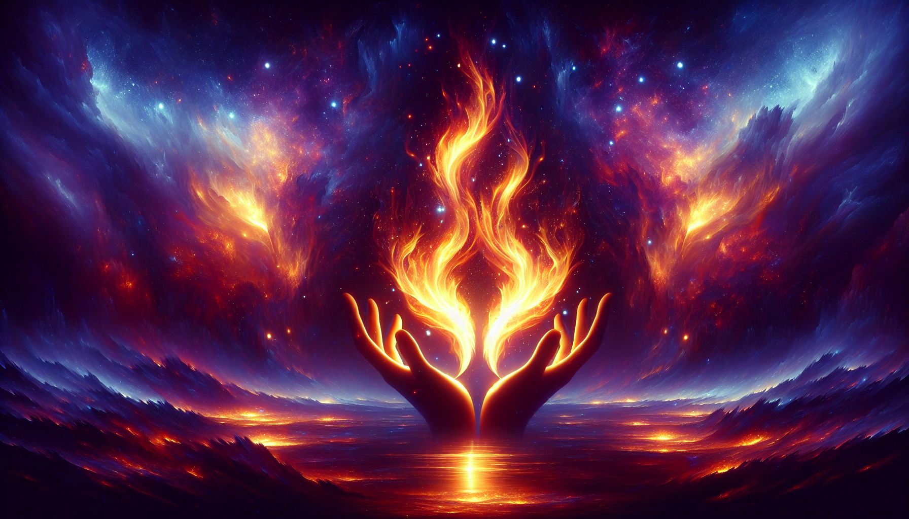 A pair of hands holding a fiery, phoenix-shaped flame against a cosmic background with stars and nebulae.