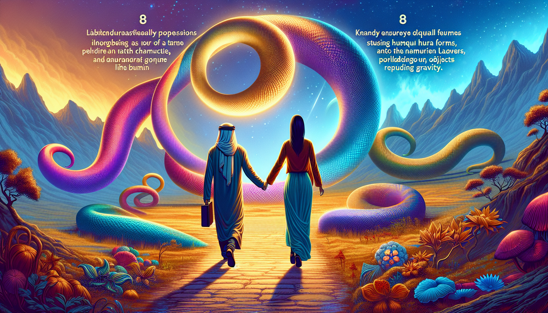 A stylized illustration of a man and woman holding hands while walking toward a sunset, with a vibrant, surreal landscape featuring swirling skies, fantastical plants, and undulating terrain.