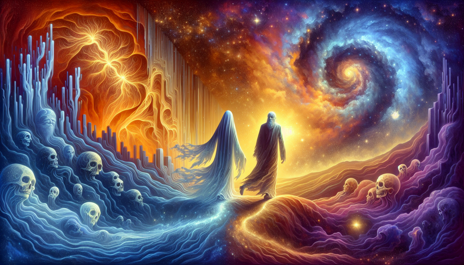 A vibrant and colorful digital artwork depicting two robed figures walking on a cosmic landscape with swirling galaxies, skulls, and surreal natural elements.