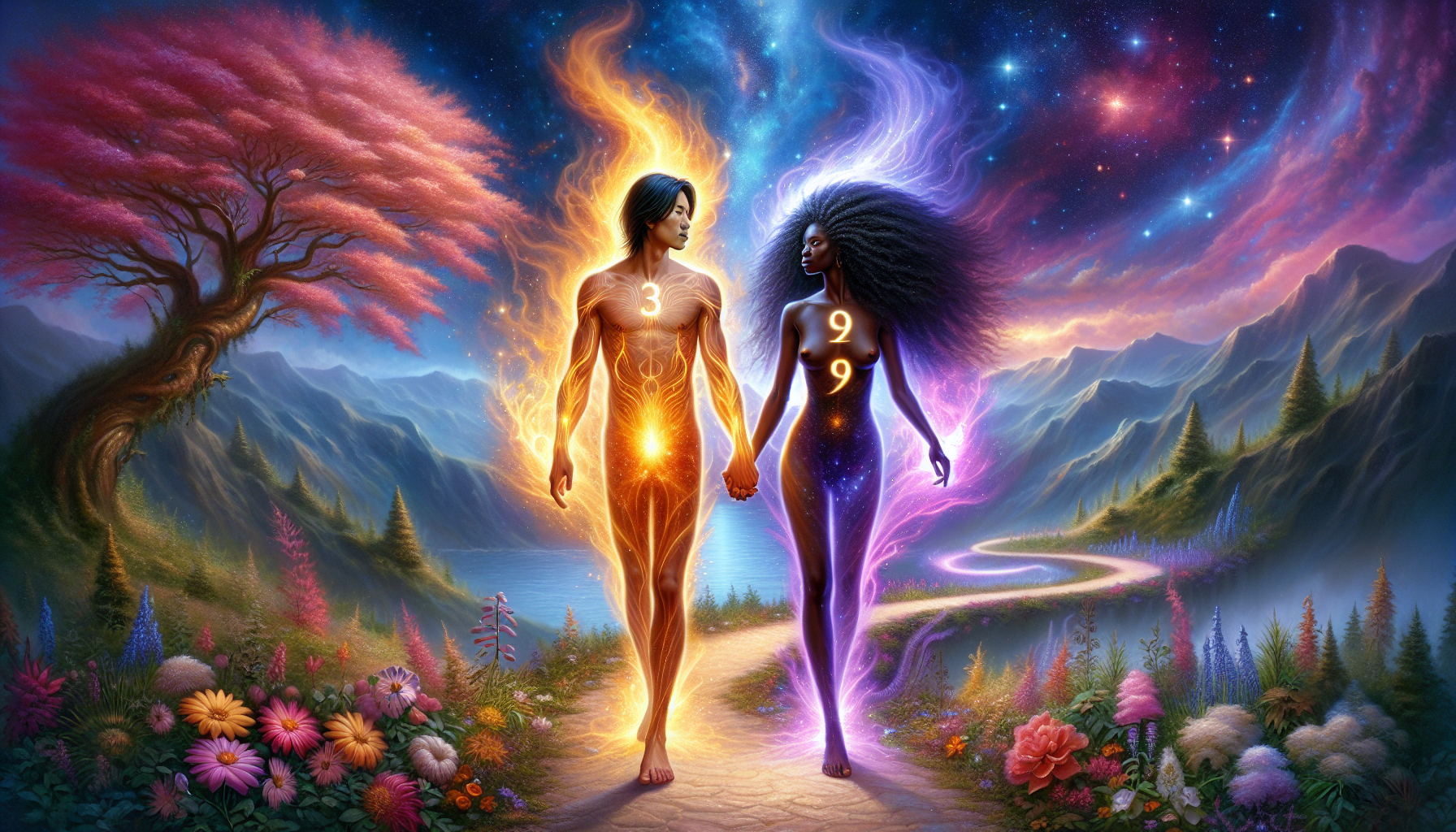 Digital artwork of two ethereal human figures representing the yin and yang symbol, holding hands under a cosmic sky with a colorful, surreal landscape around them.