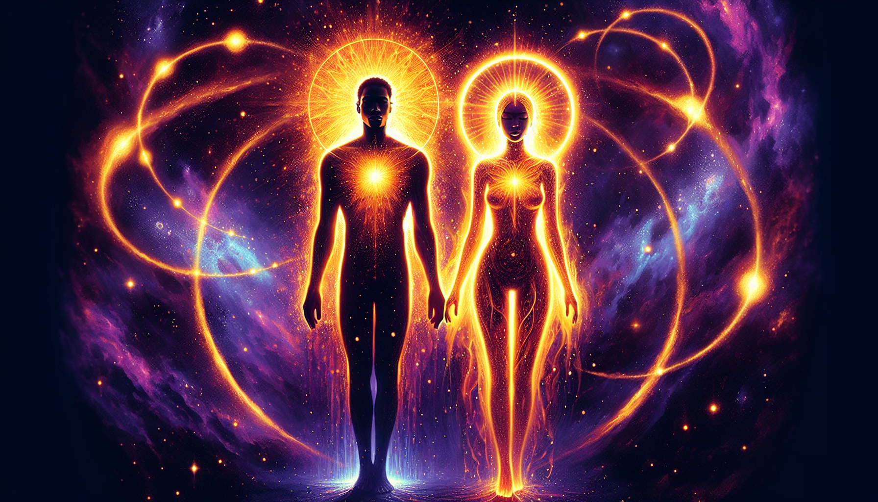 Illustration of two human figures glowing with energy, surrounded by cosmic swirls and stars.