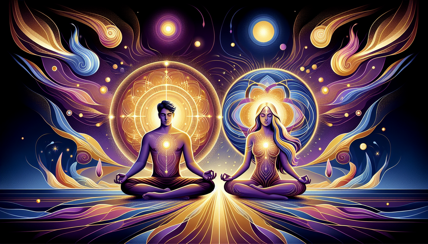 A vibrant illustration of a man and a woman meditating with chakras illuminated, surrounded by cosmic motifs and energy swirls against a starry background.