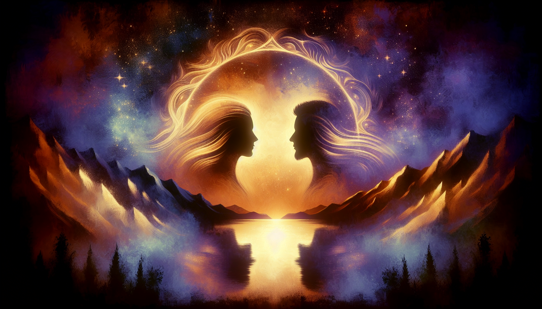 Digital artwork of two silhouetted profiles facing each other with flowing hair, forming a heart shape against a cosmic backdrop with stars above mountainous landscape and reflective lake.