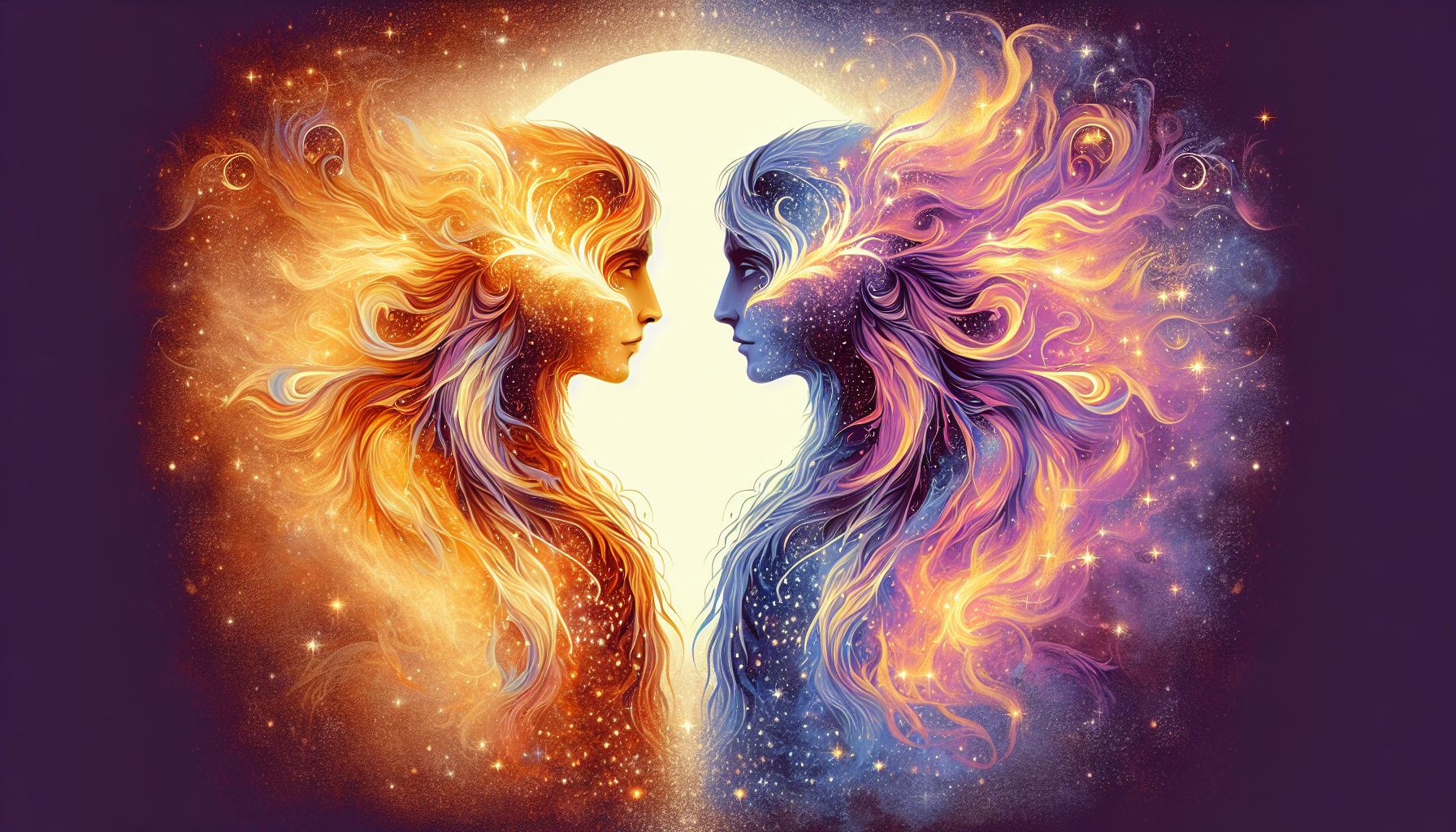 Digital artwork of two stylized faces in profile, representing sun and moon, with fiery and cosmic elements blending into a starry background.