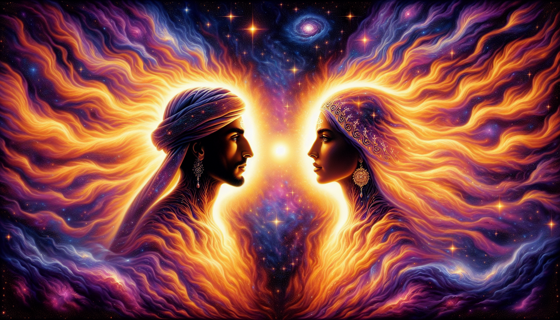 Digital artwork of a man and a woman in profile with cosmic, fiery background suggestive of a spiritual or mystical connection.