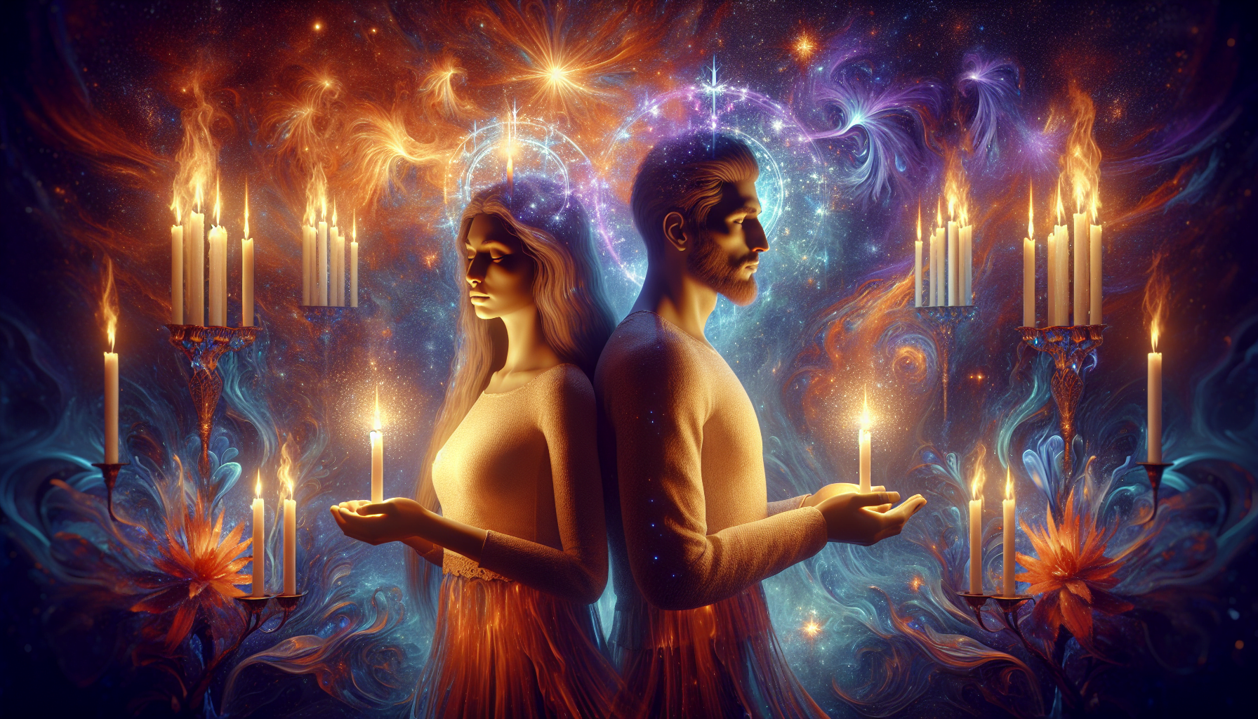 A mystical image of a man and a woman facing opposite directions with a vibrant cosmic background, holding candles with flames that blend into a celestial scene.