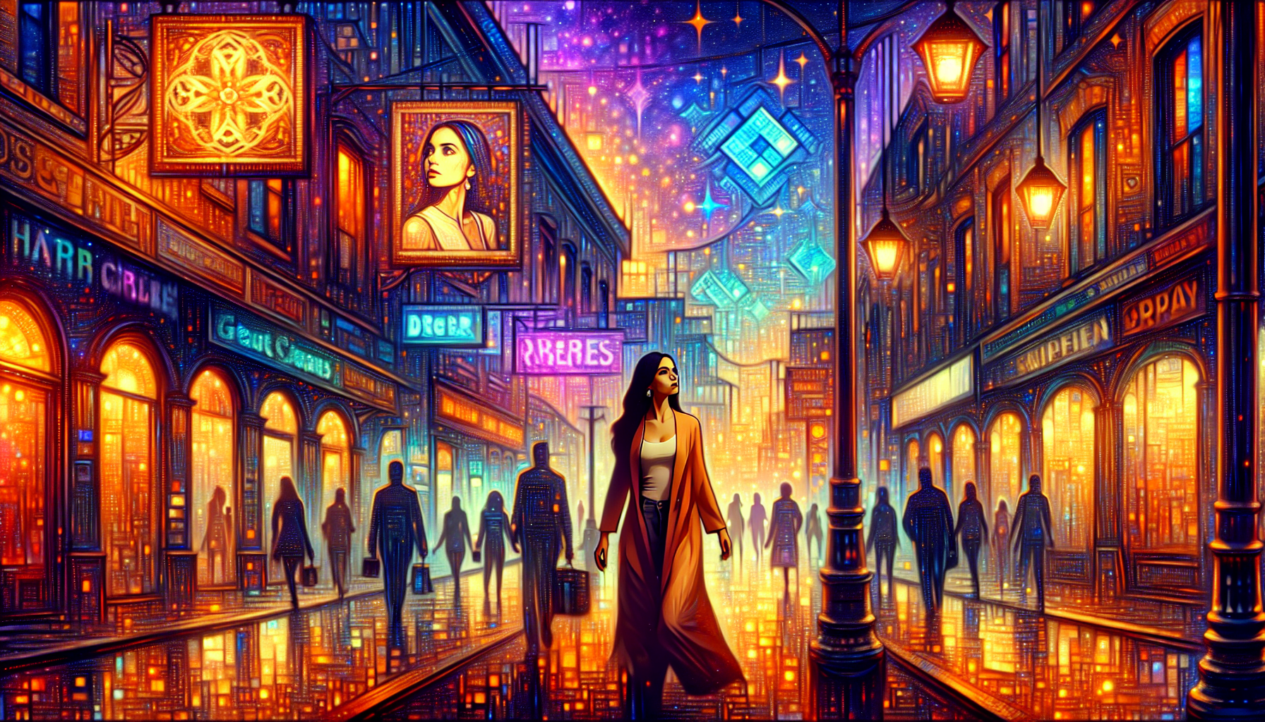 A woman walking down a vibrant, neon-lit city street at night, with silhouettes of people around and futuristic elements in the sky.