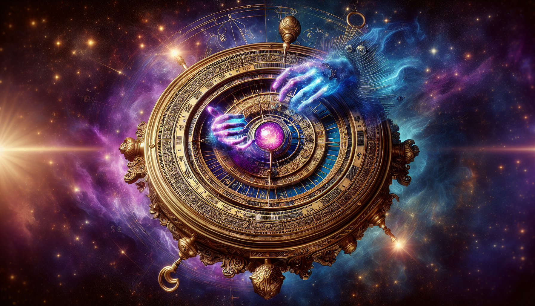 A digital artwork of a cosmic scene with a detailed, ornate astral clock surrounded by nebulae and stars, with ethereal hands manipulating a glowing orb at its center.