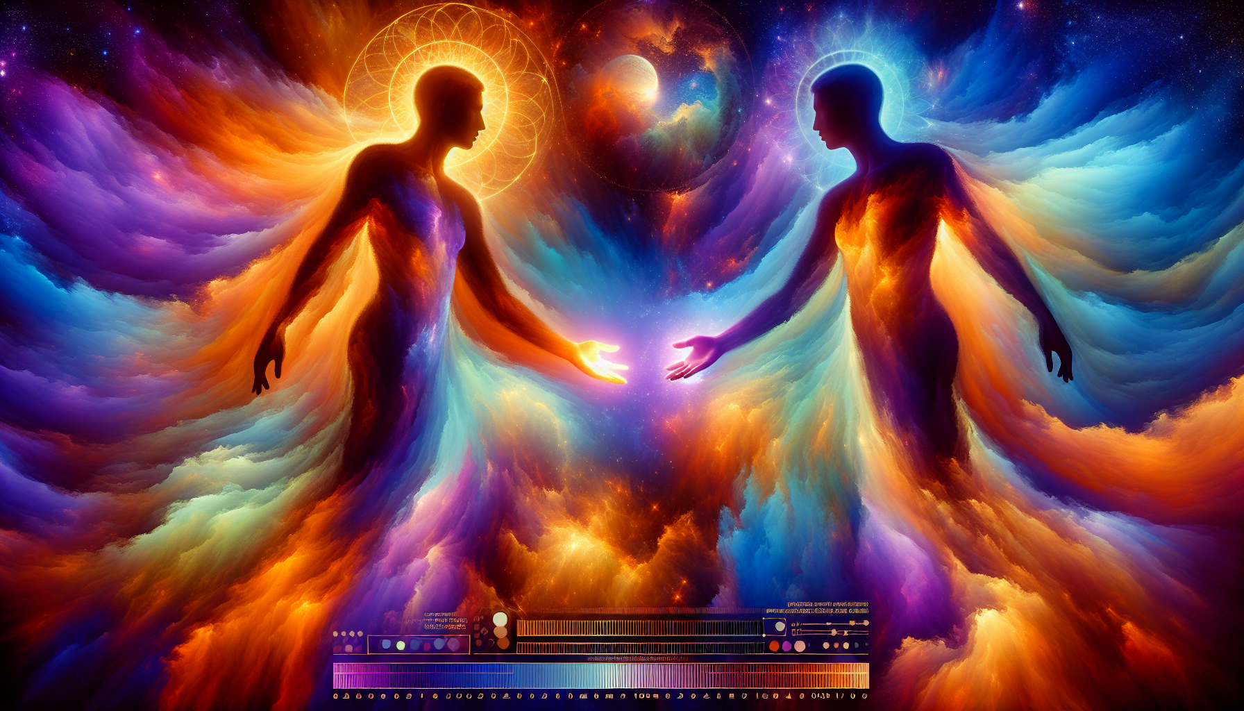 Two ethereal figures with glowing auras in a cosmic setting reaching towards each other, surrounded by vibrant nebulae and a central celestial body.