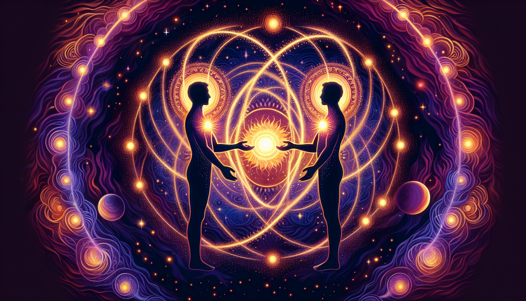 Colorful illustration of two human silhouettes holding a glowing orb between them, with cosmic and celestial elements in the background.