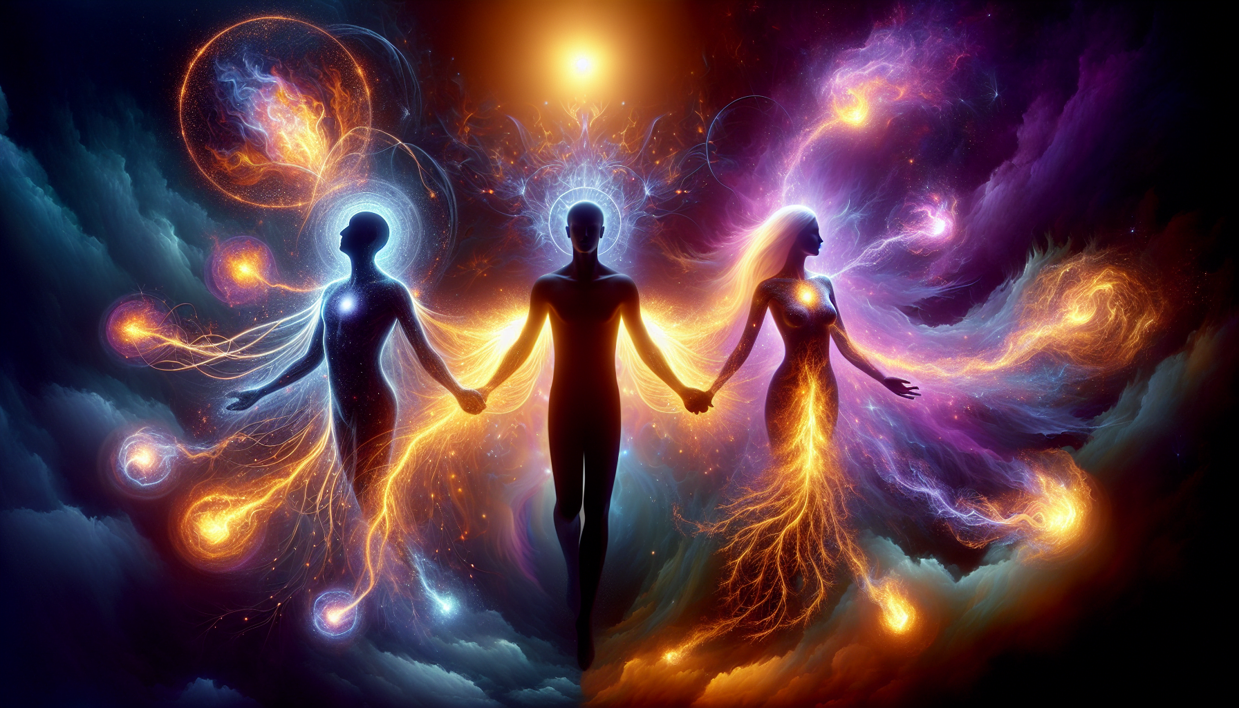 Digital artwork of three silhouetted human figures with cosmic energy and celestial bodies emanating from them against a vibrant space background.