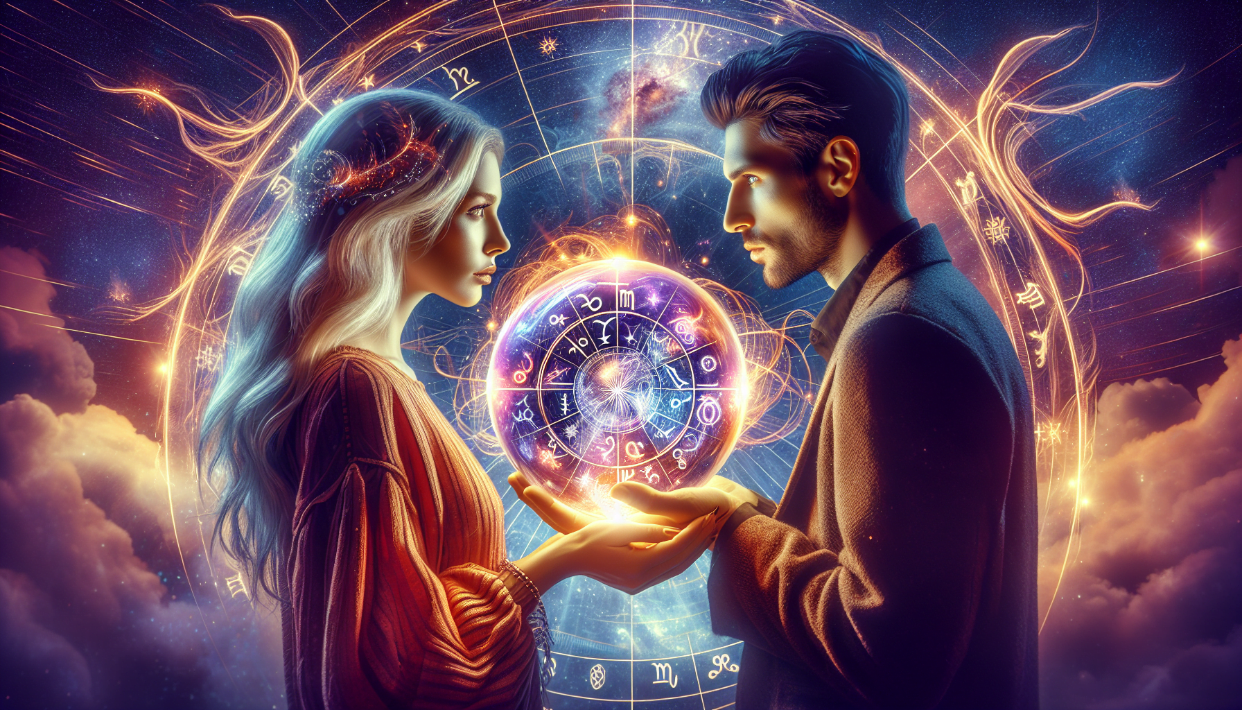 A man and a woman face each other with a glowing zodiac wheel between their hands, set against a cosmic background with astrological symbols.