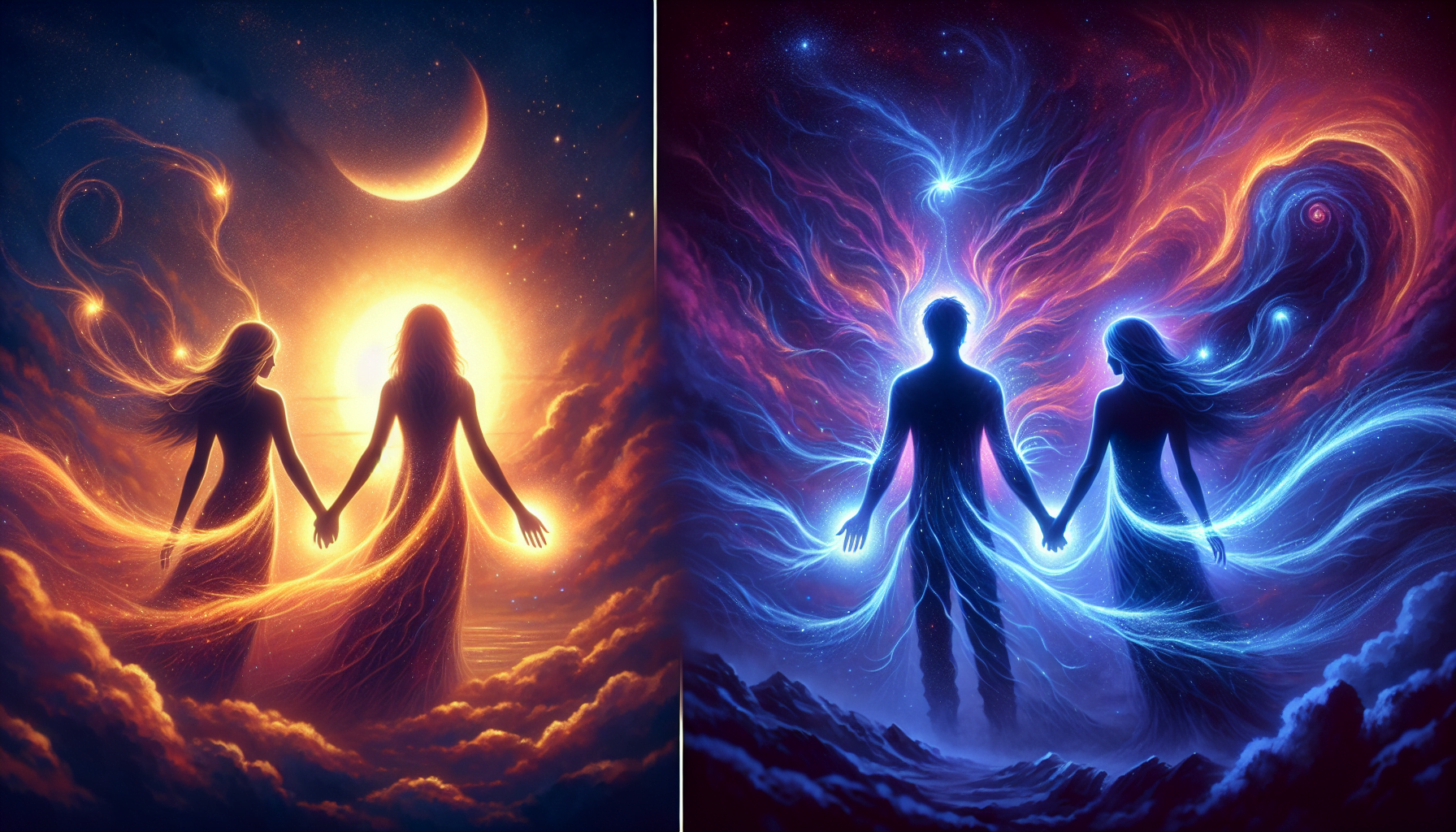 A split image depicting two cosmic scenes with a couple holding hands; on the left, under a crescent moon, they have a fiery, sun-like aura, and on the right, they are silhouetted against a vibrant, starry nebula.