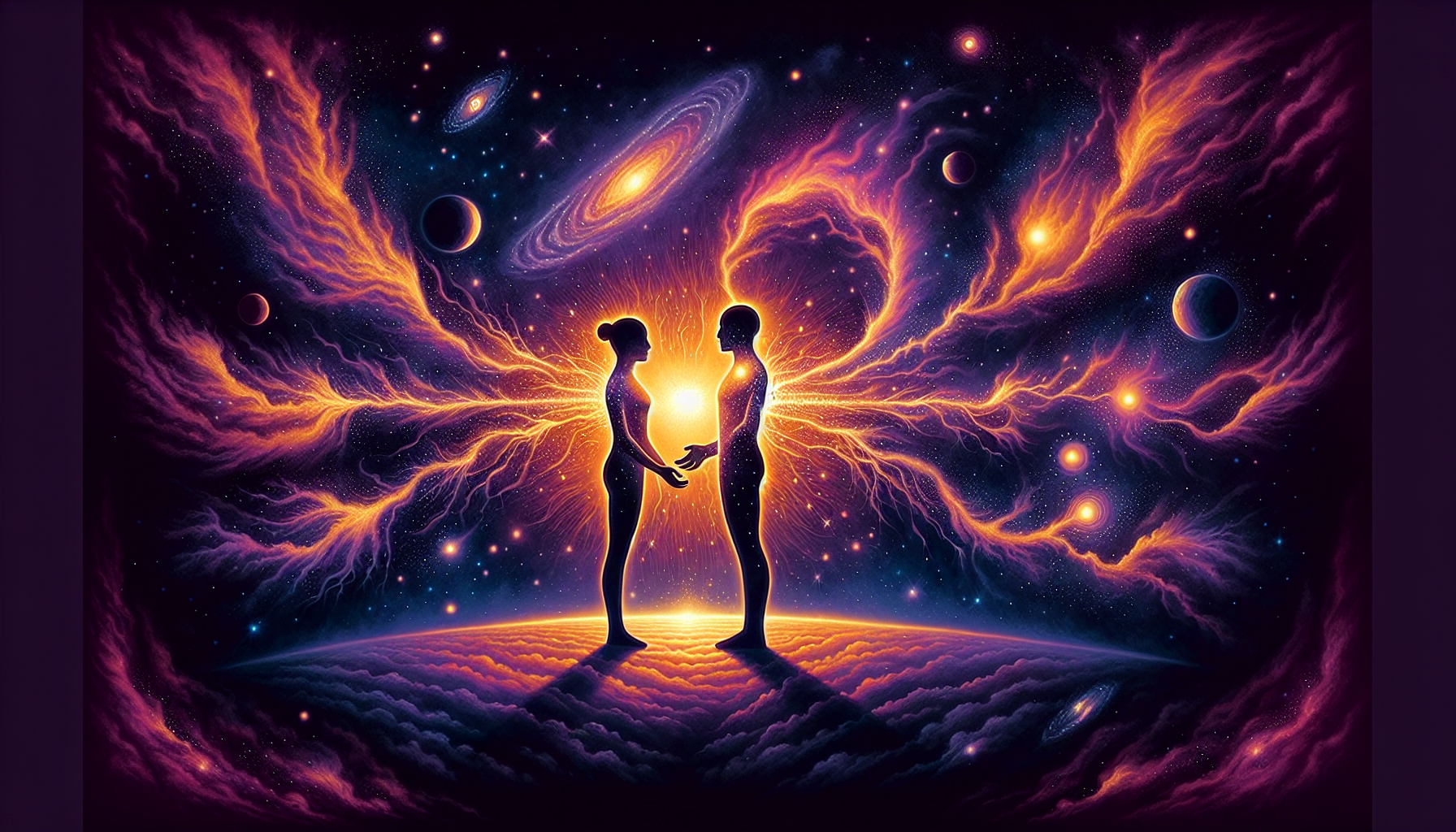 Two silhouetted figures holding a glowing orb between them with a cosmic background of stars, planets, and a spiral galaxy.