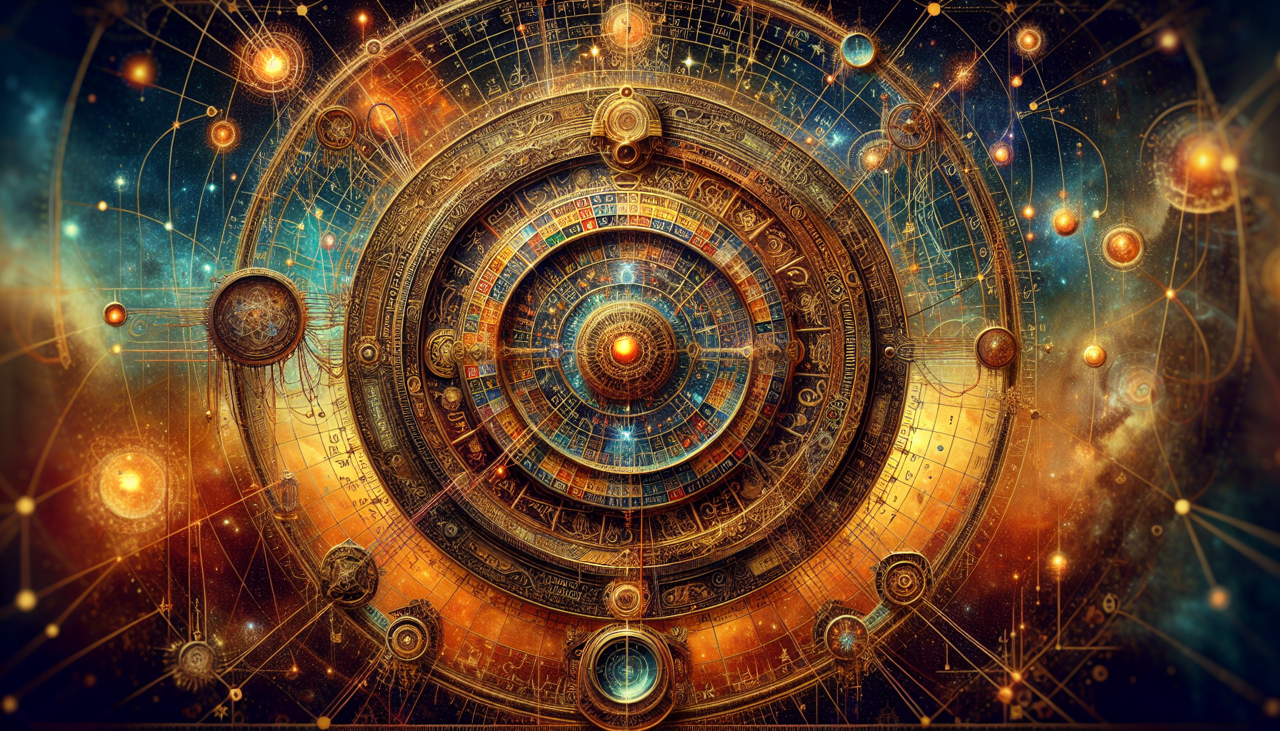 Digital artwork of a complex astronomical clock with intricate gears and celestial bodies, depicting a steampunk-inspired cosmic scene.