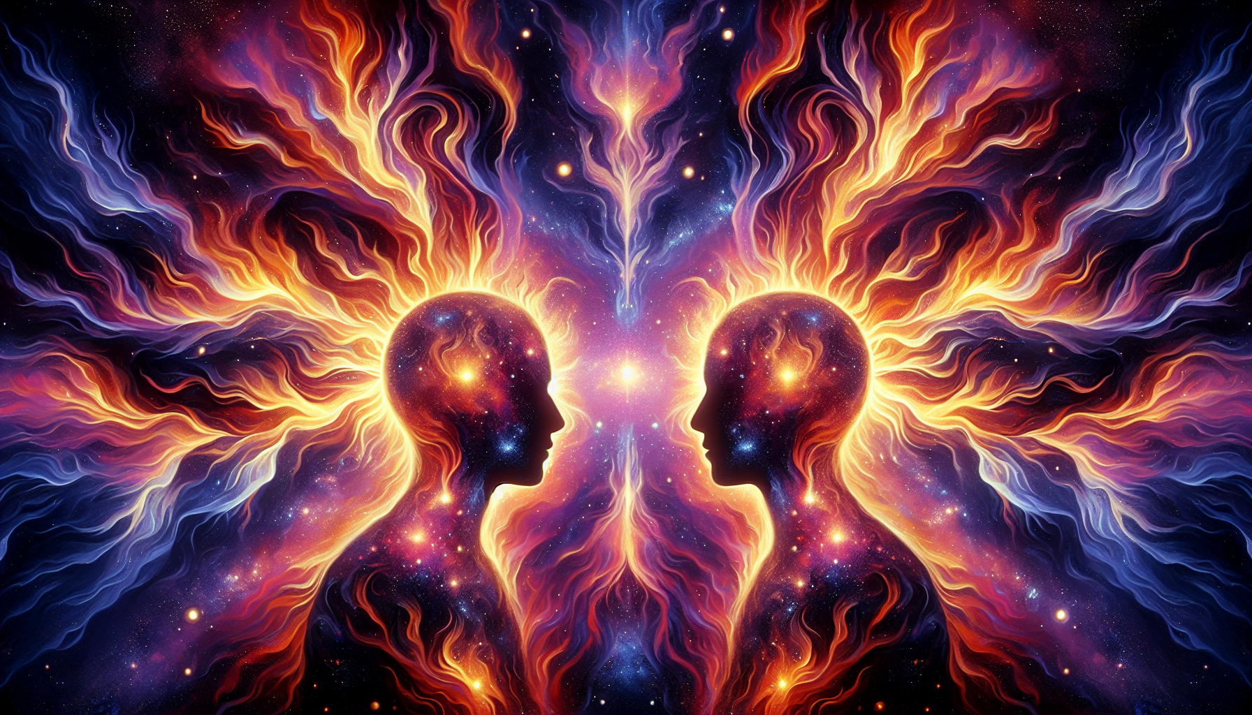 A digital artwork featuring two silhouetted human profiles facing each other against a cosmic background with vibrant blue, red, and orange nebula-like patterns.