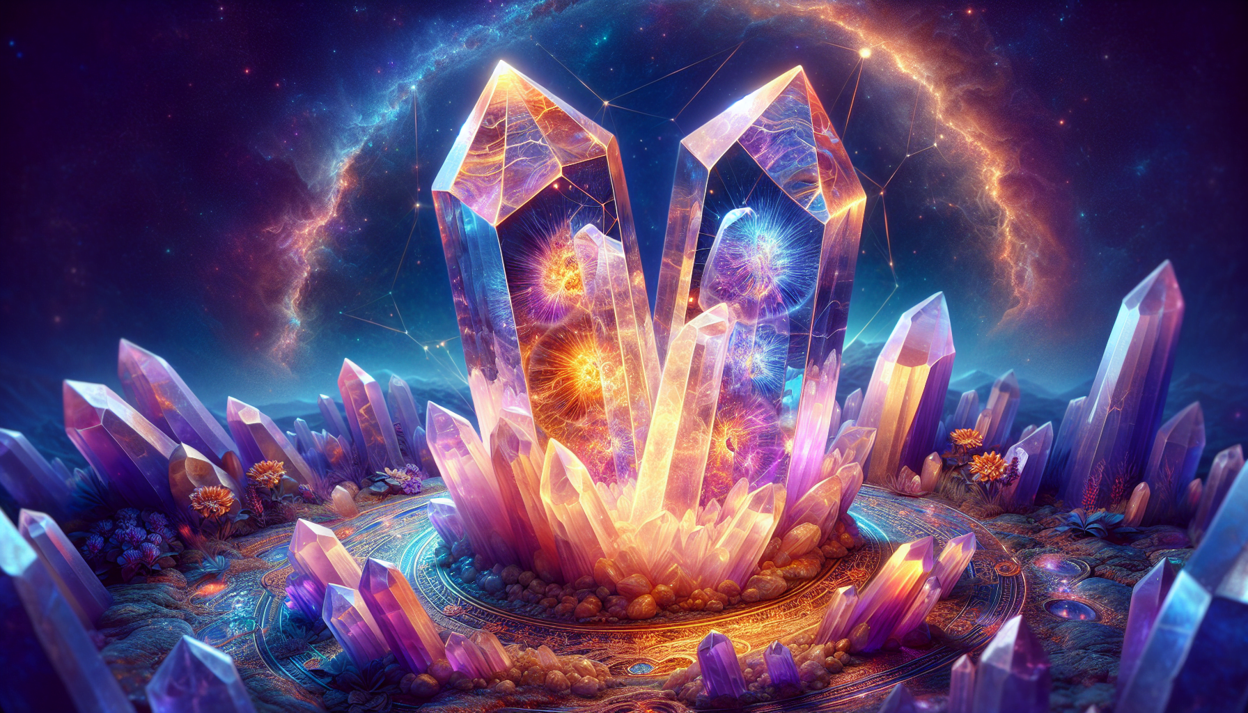 A vibrant digital artwork featuring large, luminous crystals in the center surrounded by smaller crystals, all set against a starry space background.