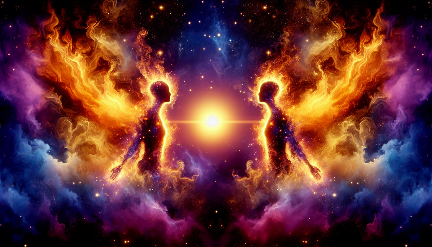 Symmetrical image of two human silhouettes made of cosmic starry elements with outstretched hands touching a bright light at the center, set against a vibrant starry space background with fiery and purple nebulas.