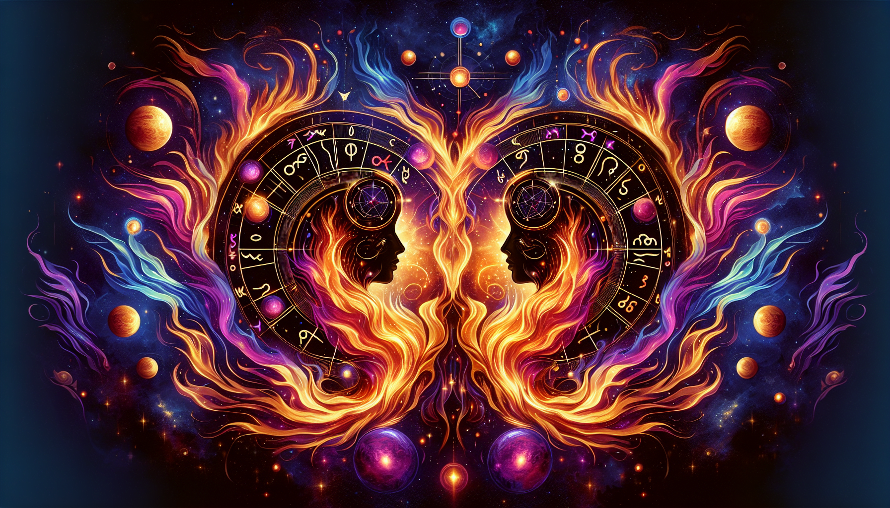 "Vibrant digital artwork featuring an abstract cosmic design with two mirrored clock faces surrounded by flames, planets, and zodiac symbols against a starry space background."