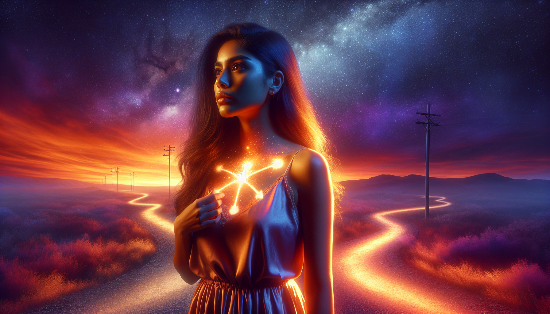 A woman holding a glowing star, with a vibrant sunset and starry sky background.