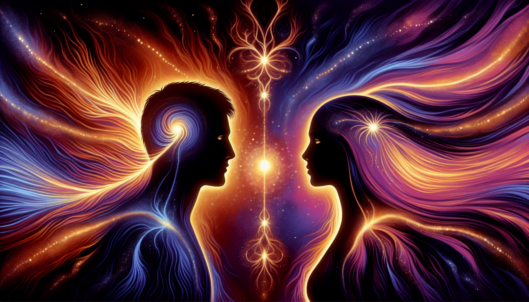 Digital artwork of a man and a woman in profile with cosmic, swirling colors and stars between them, representing a mystical connection.