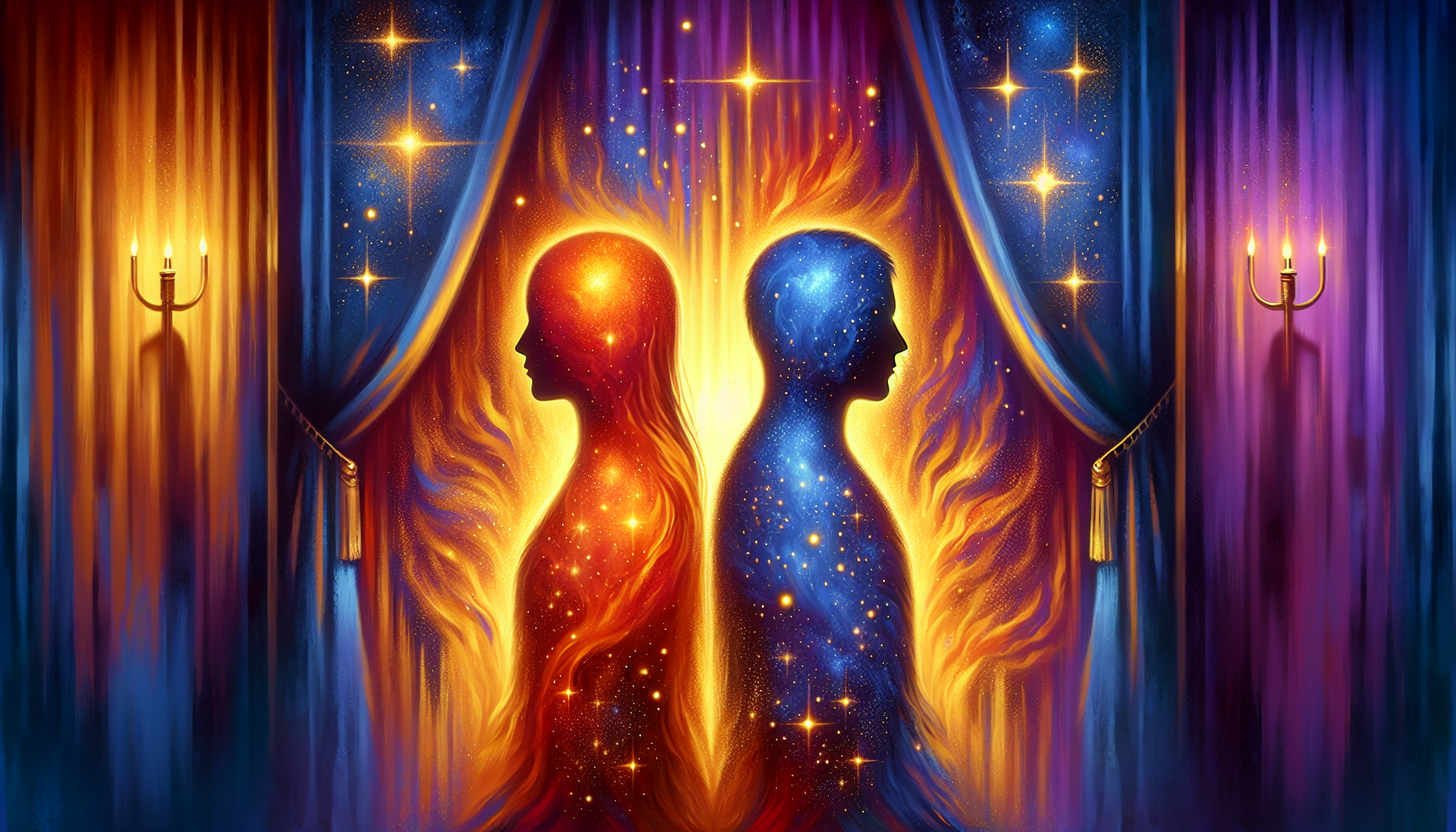 Illustration of two silhouetted profiles against a cosmic background with stars, one in warm orange and the other in cool blue, framed by curtains and wall sconces.