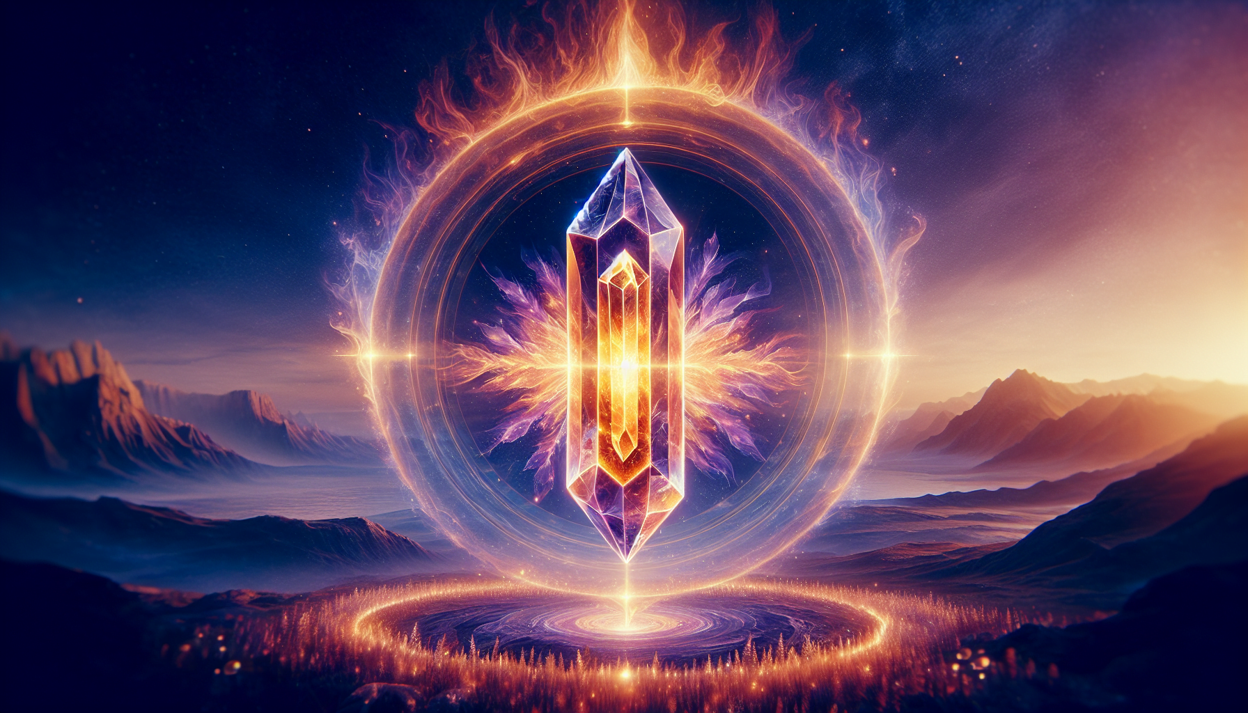 A mystical glowing crystal within a fiery ring against a mountainous landscape at dusk.