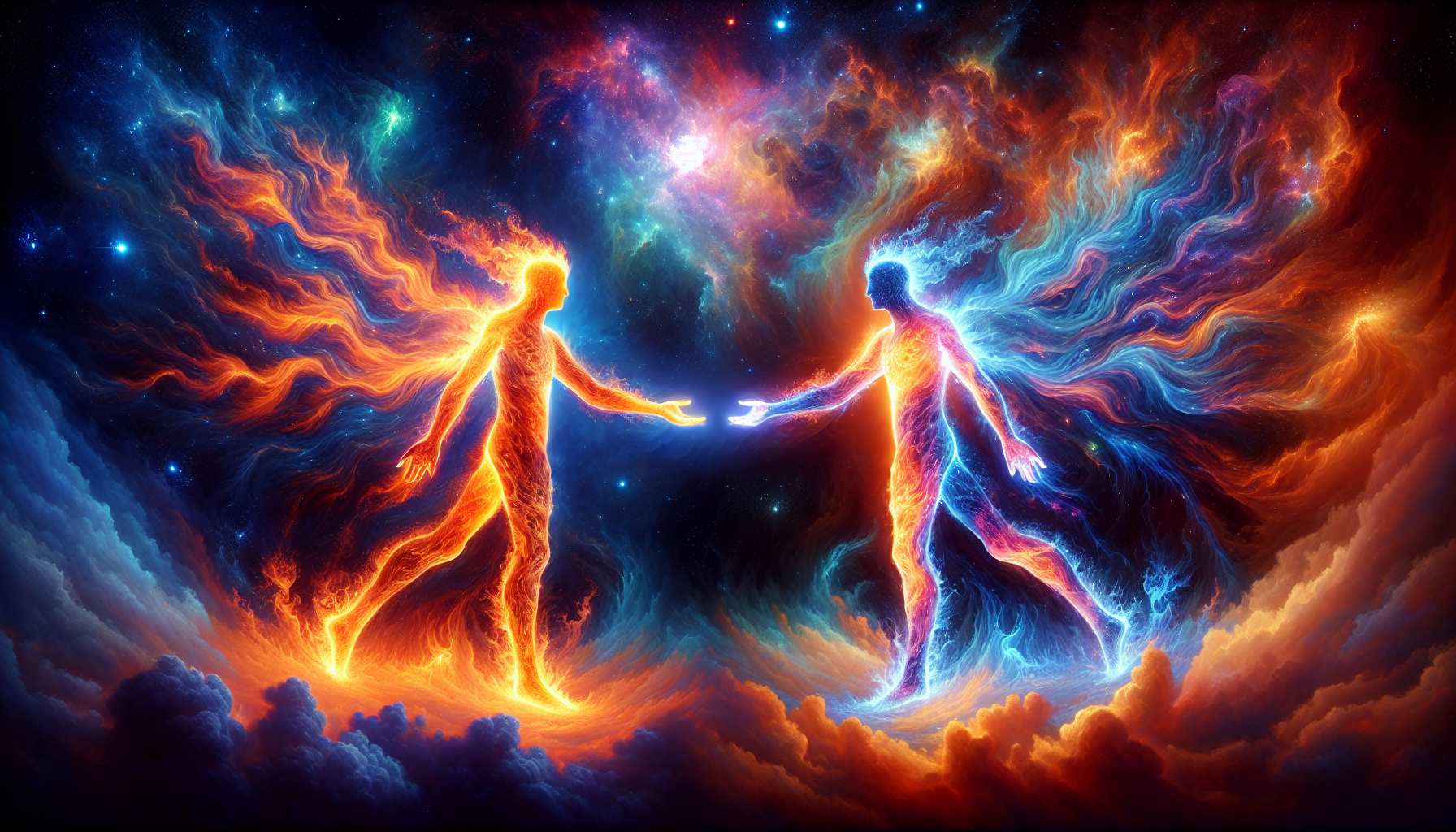 Digital artwork of two human-like figures composed of cosmic elements, reaching out to each other against a vibrant nebula background.