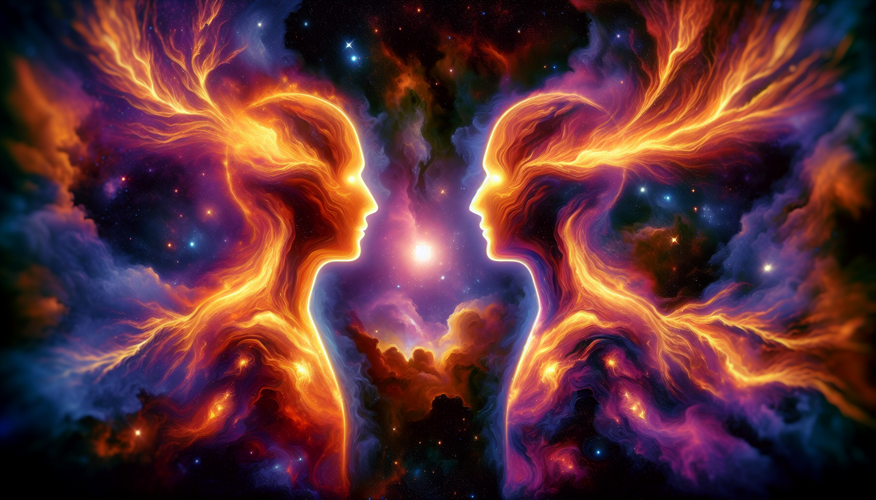 Digital artwork of two mirrored, fiery silhouette profiles against a cosmic background with stars and a central glowing light.