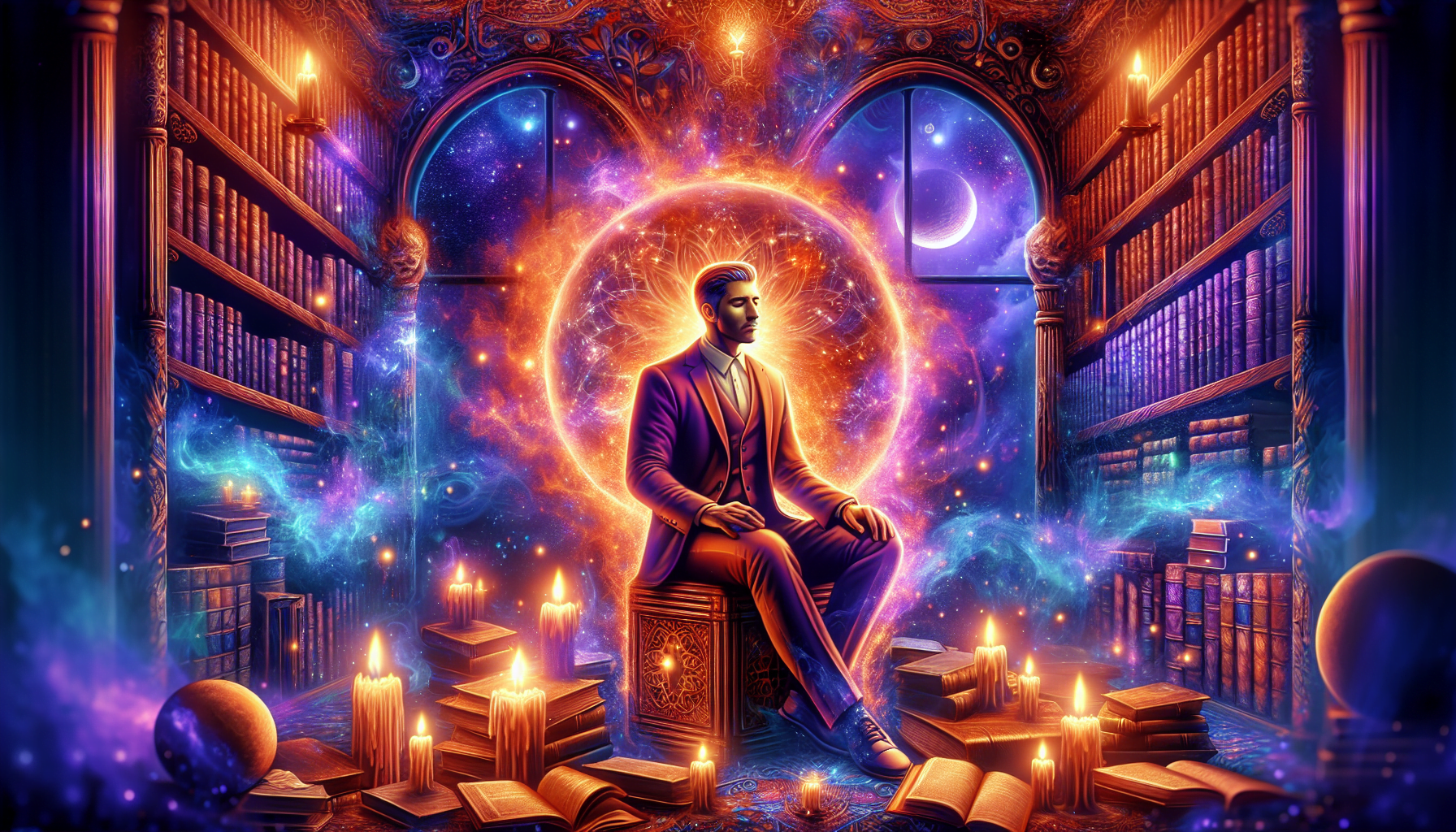 A mystical illustration of a person meditating in a library with celestial elements, surrounded by candles and floating globes with a vibrant cosmic portal in the background.