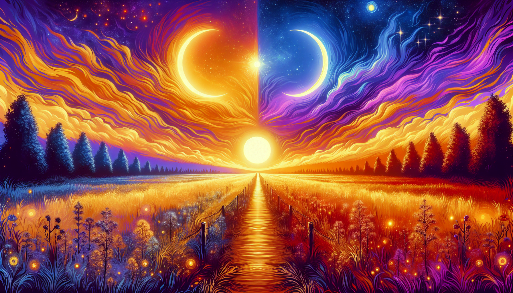 A vibrant digital artwork displaying a surreal landscape with a wooden pathway through a field of flowers, flanked by trees, under a swirling sky with a sun, crescent moons, and stars.